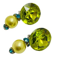 Vintage MISTAR BIJOUX signed silver tone massive glass designer clip on earrings