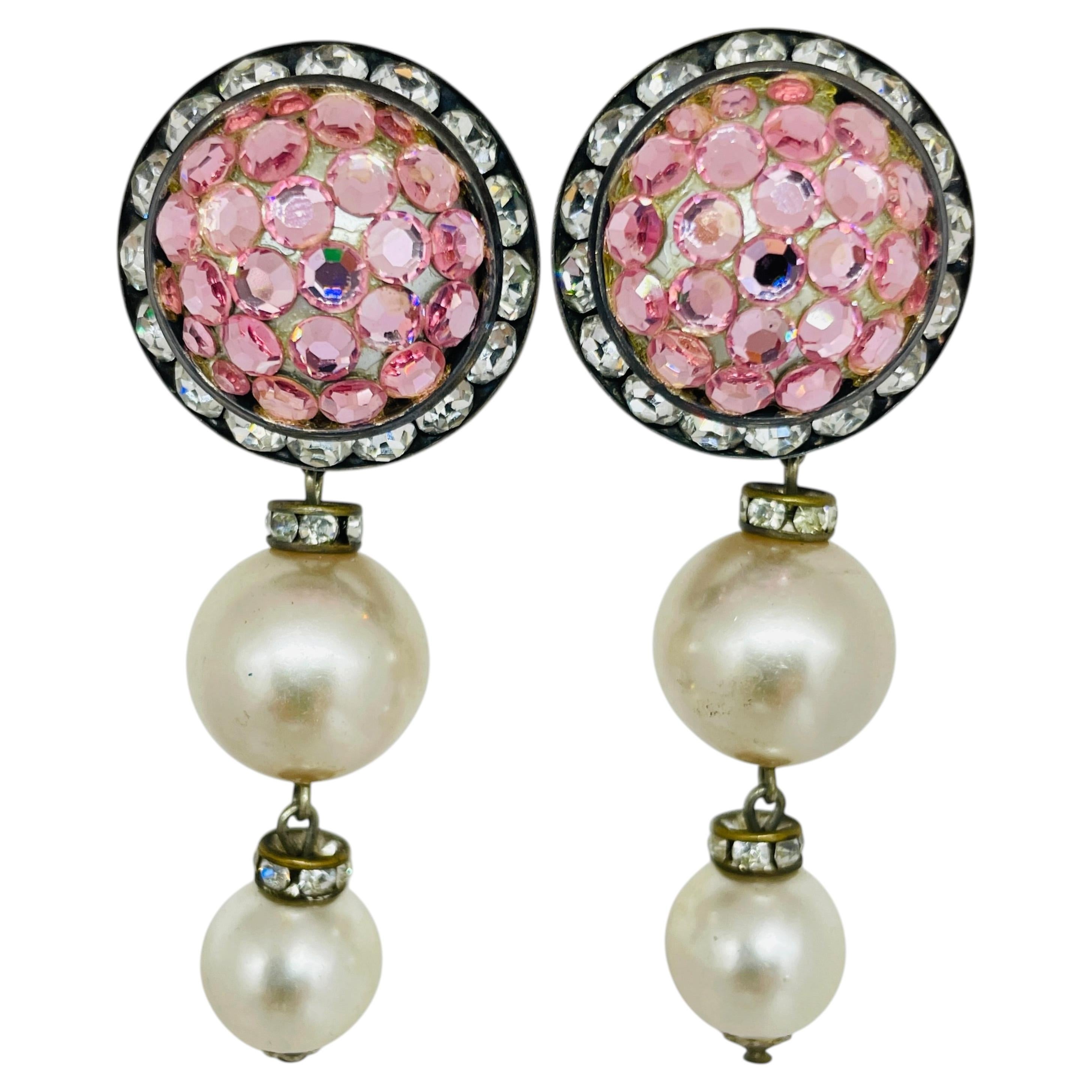 Vintage MISTAR BIJOUX signed silver tone rhinestones pearls clip on earrings