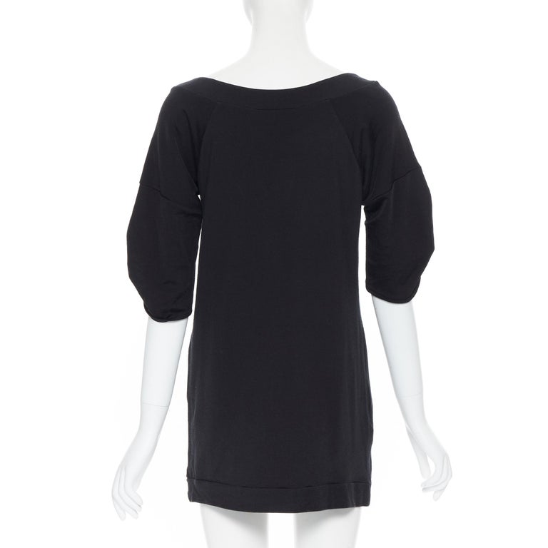 vintage MIU MIU black cotton round neck rounded pleated short sleeve dress M For Sale 1