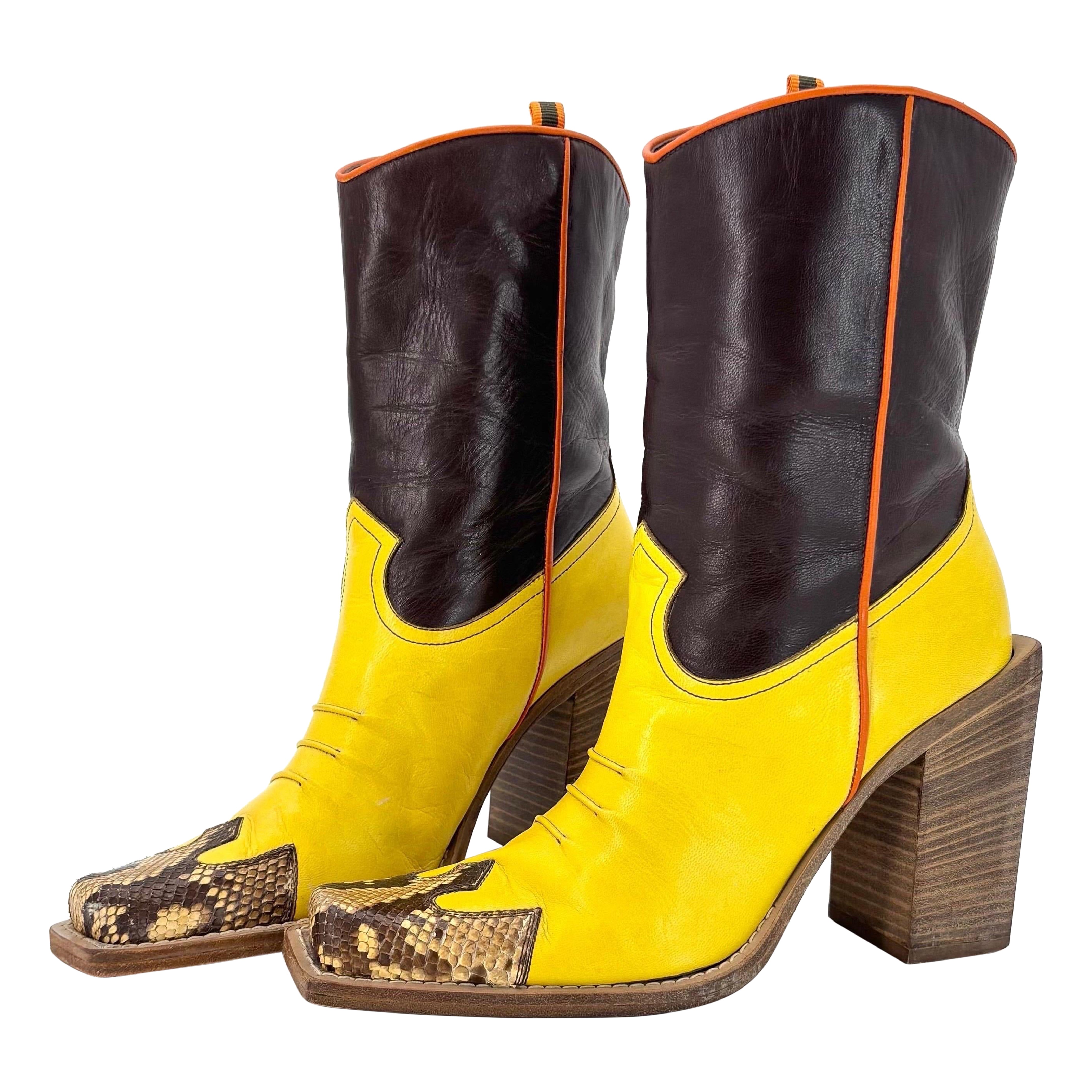 Vintage Miu Miu SS 1999 Mid Calf Snakeskin Leather Cowboy Boots 37 For Sale