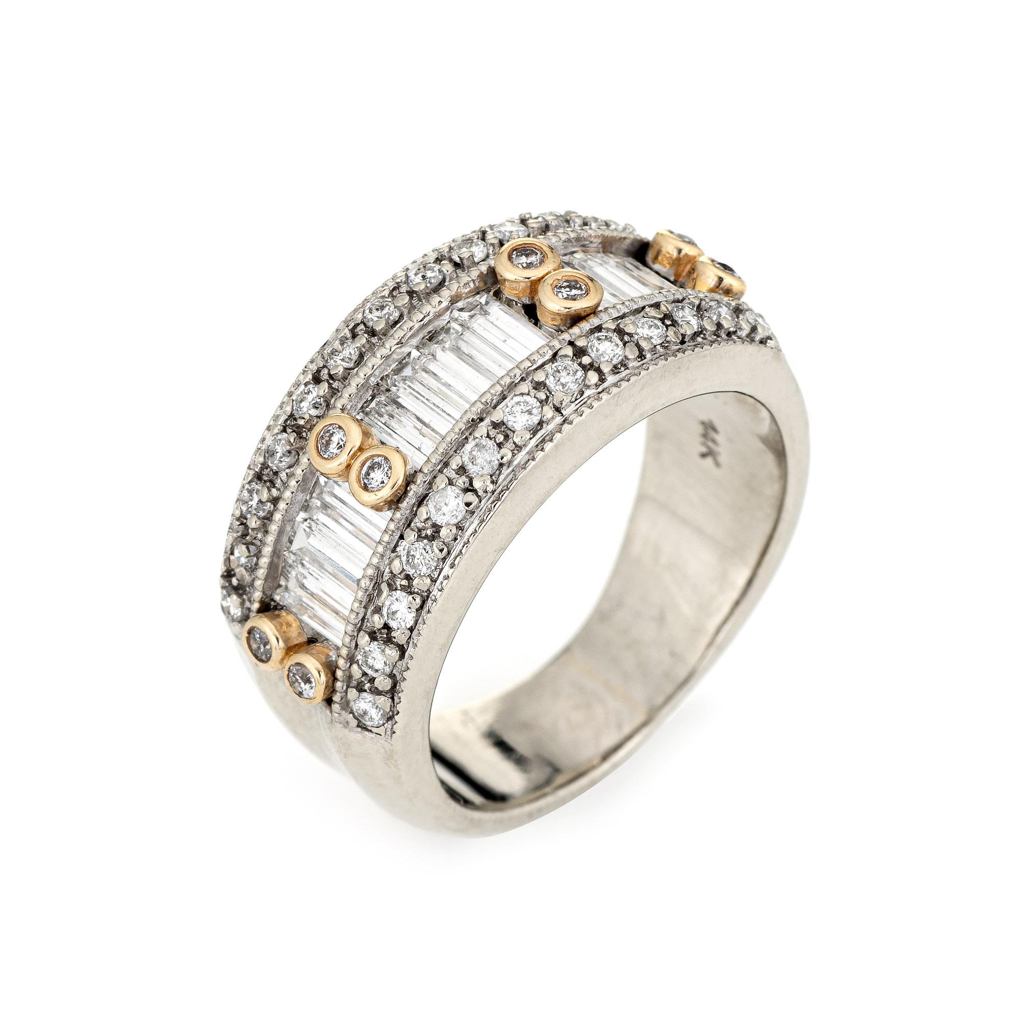 Stylish mixed cut diamond band crafted in 14 karat white gold. 

Round brilliant and straight baguette cut diamonds total an estimated 0.67 carats (estimated at H-I color and VS2-I1 clarity). 

The mixed cut diamonds are set flush into the mount.