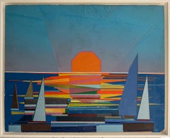 Vintage Mixed Media Abstract Sailboat Collage On Board, Newly Framed