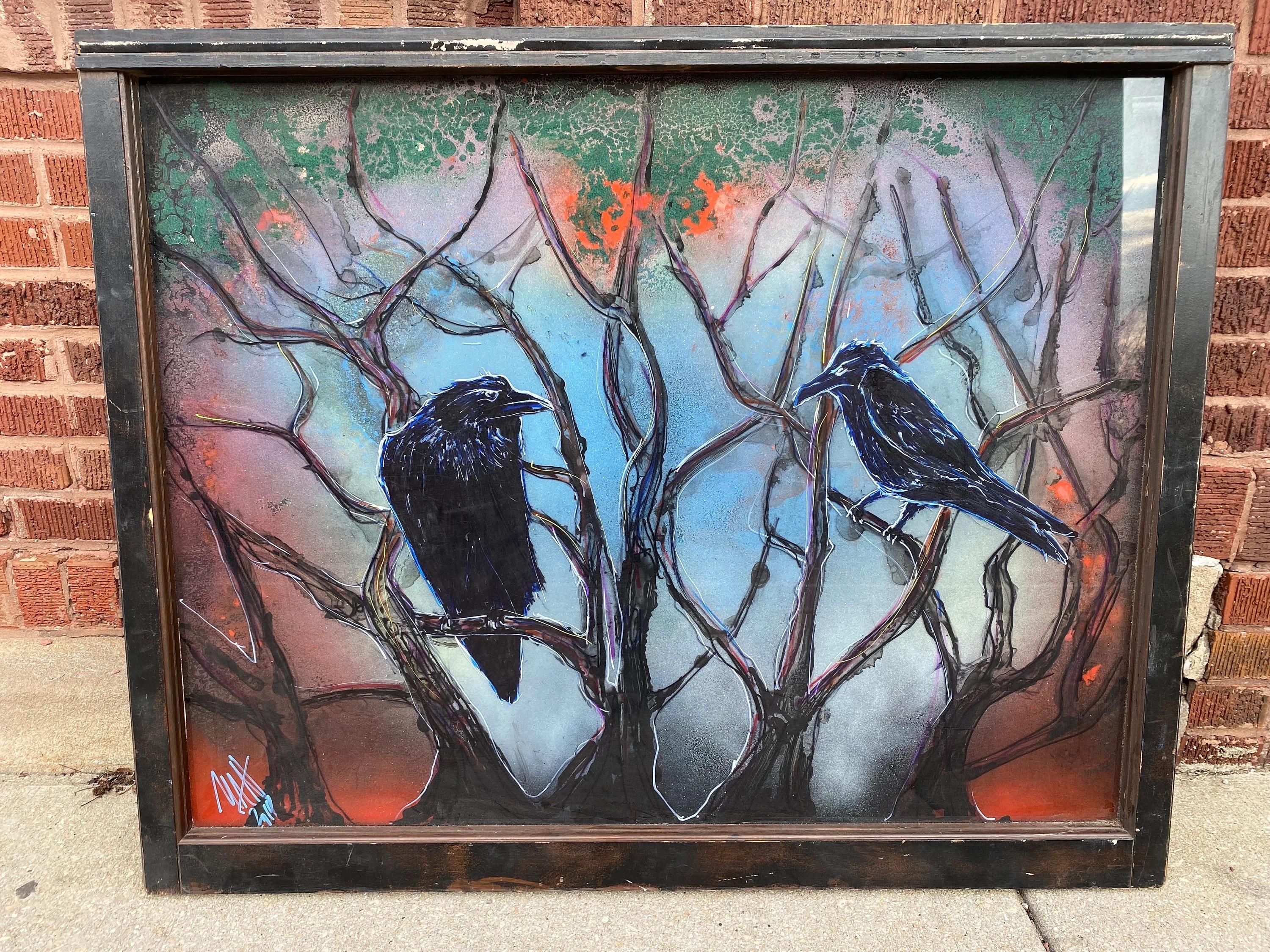 Hänge-Wandkunst aus Glas in Mischtechnik mit Crows, signiert von Mark Narens, Vintage im Zustand „Gut“ im Angebot in Chicago, IL