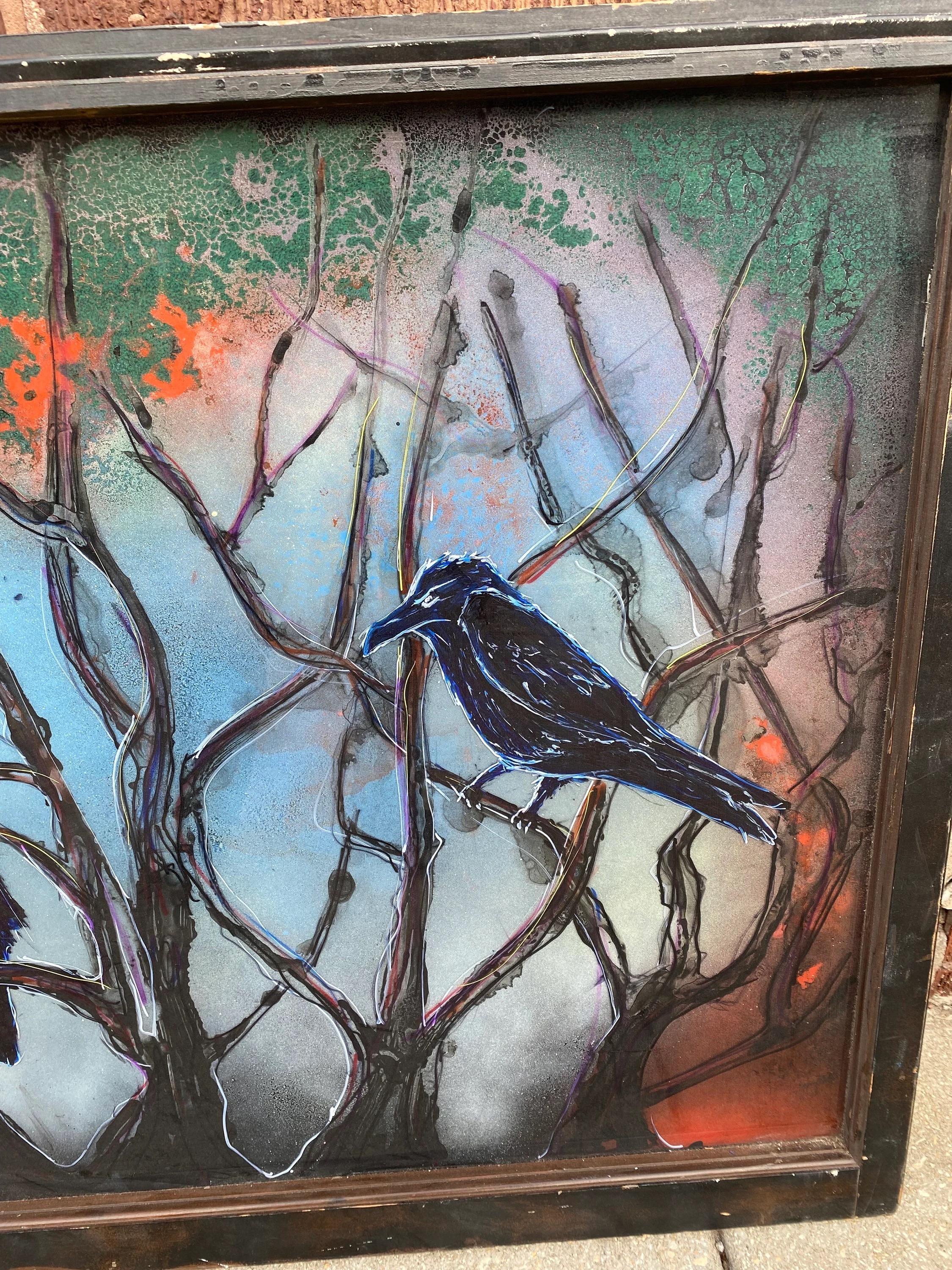 Hänge-Wandkunst aus Glas in Mischtechnik mit Crows, signiert von Mark Narens, Vintage (20. Jahrhundert) im Angebot