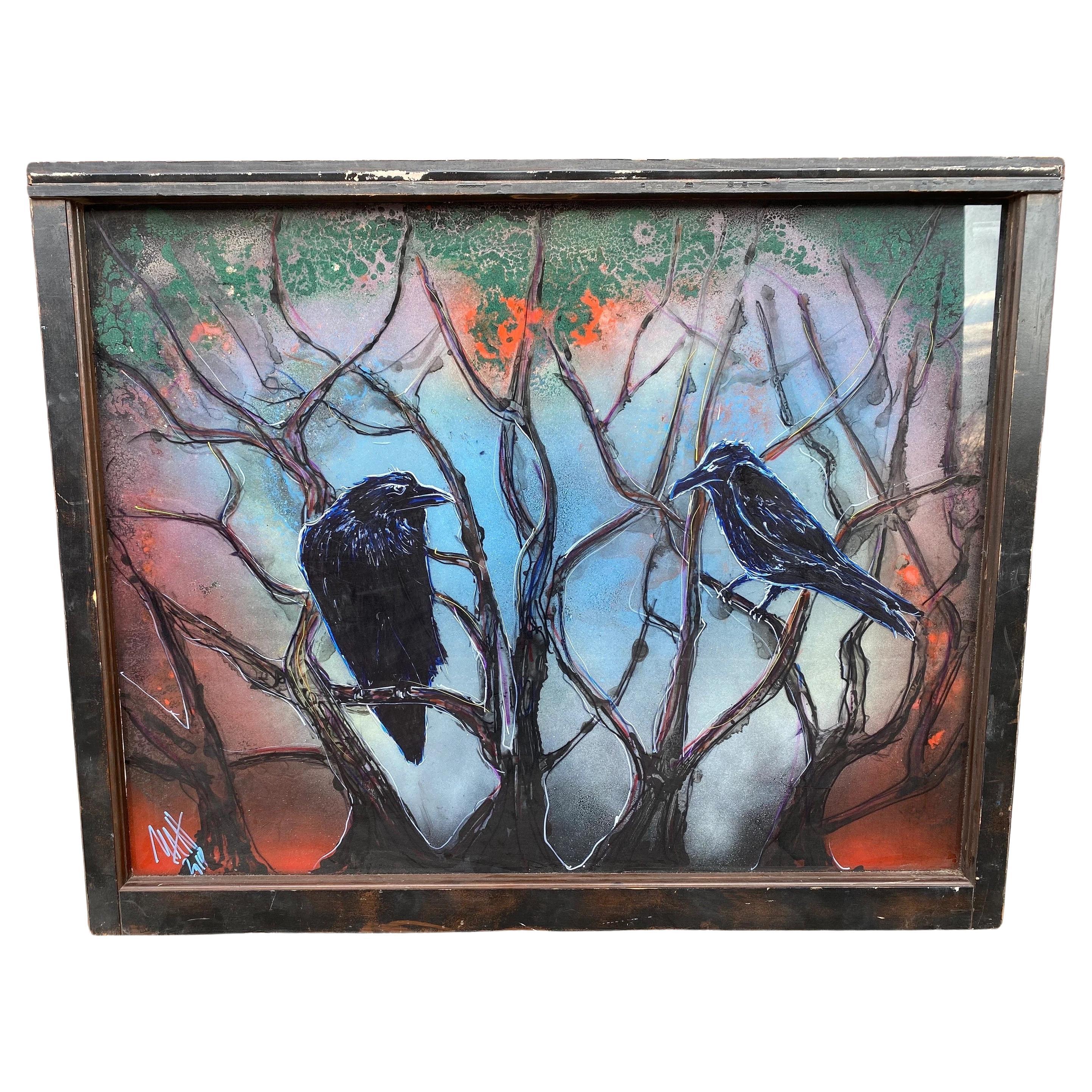 Vintage Mixed Media Glass Hanging Wall Art con corvi firmato da Mark Narens