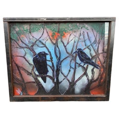 Art mural vintage en verre mixte avec foules signé par Mark Narens