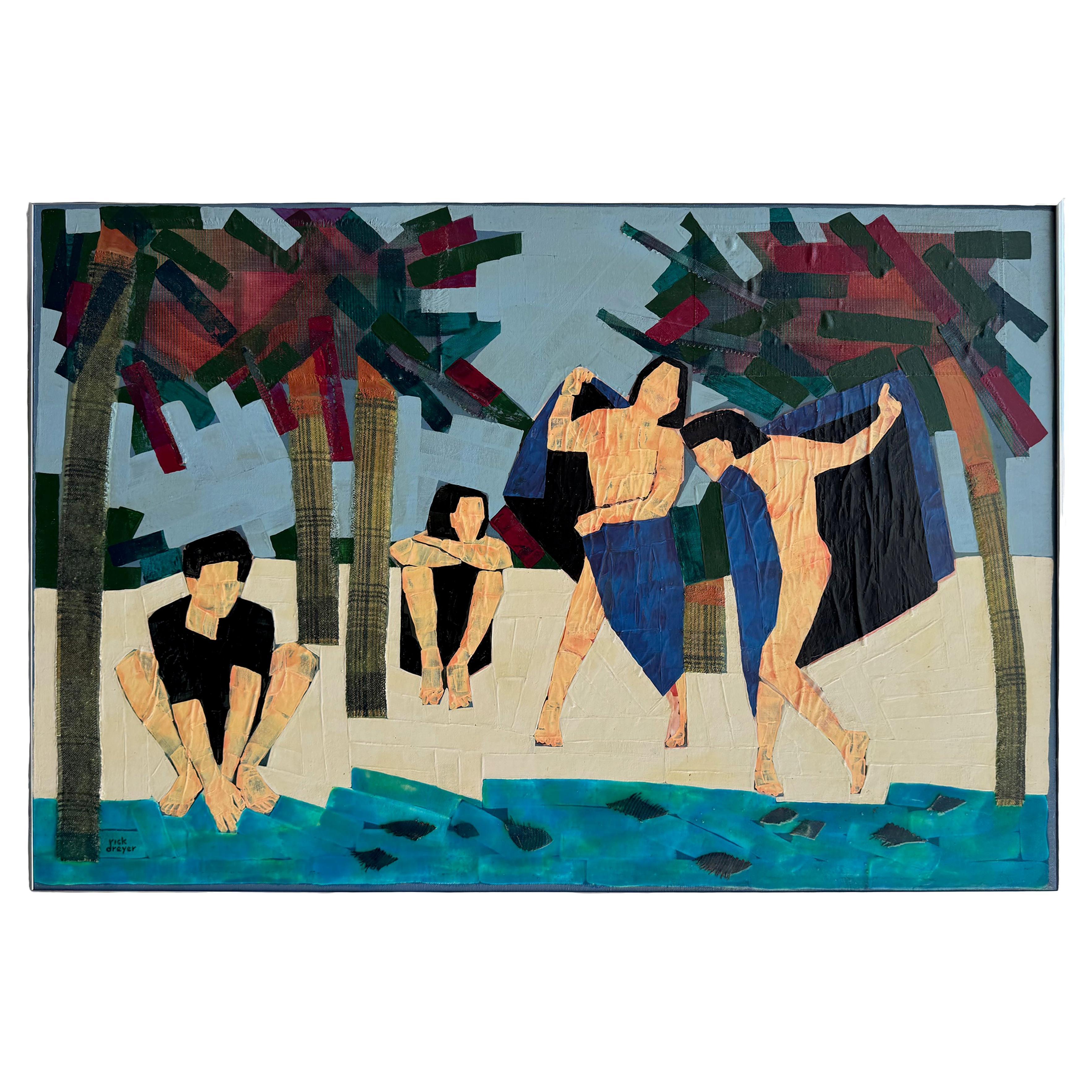 Vintage Mixed Media Painting of Beach Bathers, Palm Trees, by Rick Dreyer