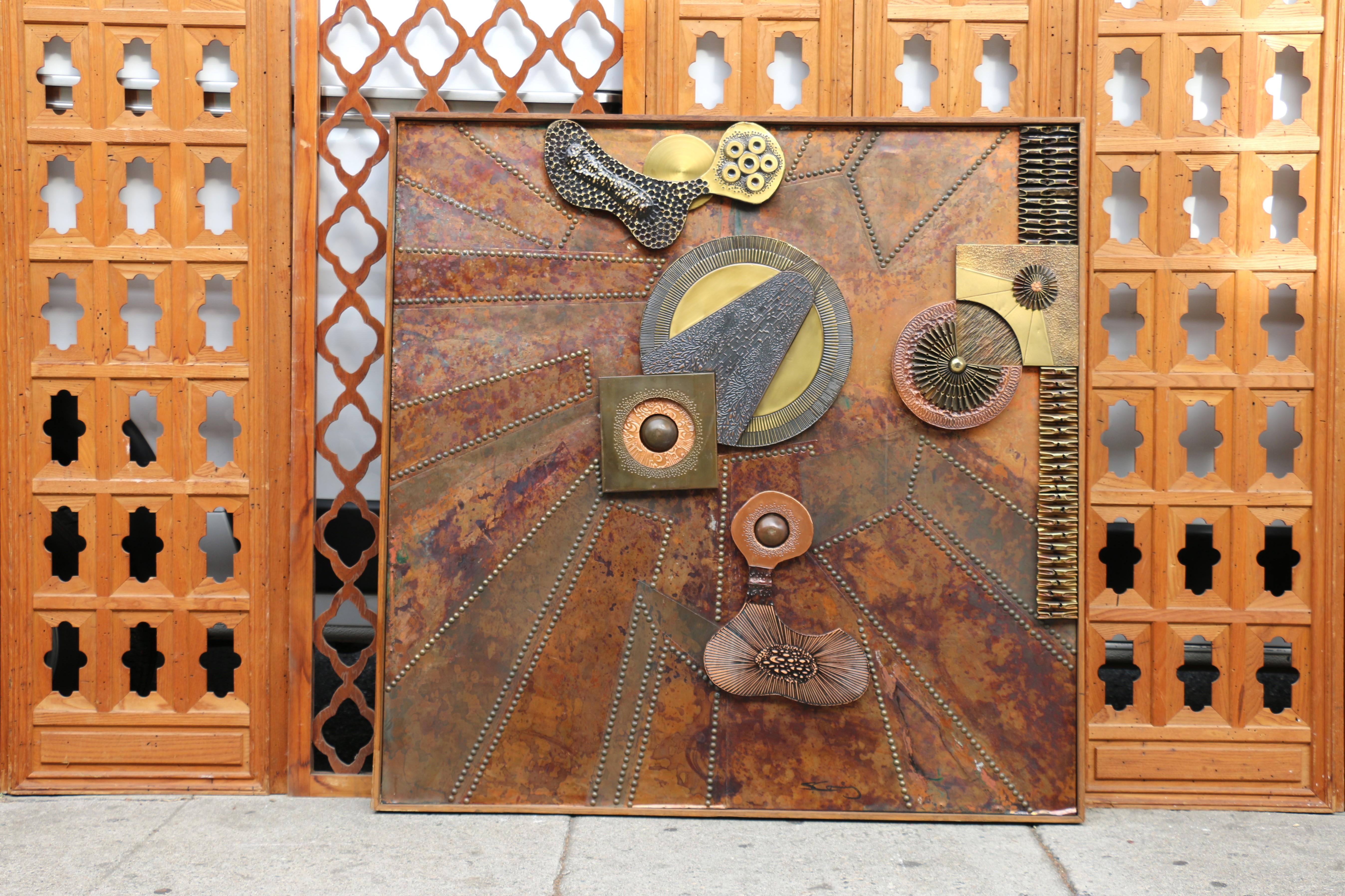 American Vintage Mixed Metal Wall Art Abstract Brutalist Sculpture, Circa 1970s For Sale