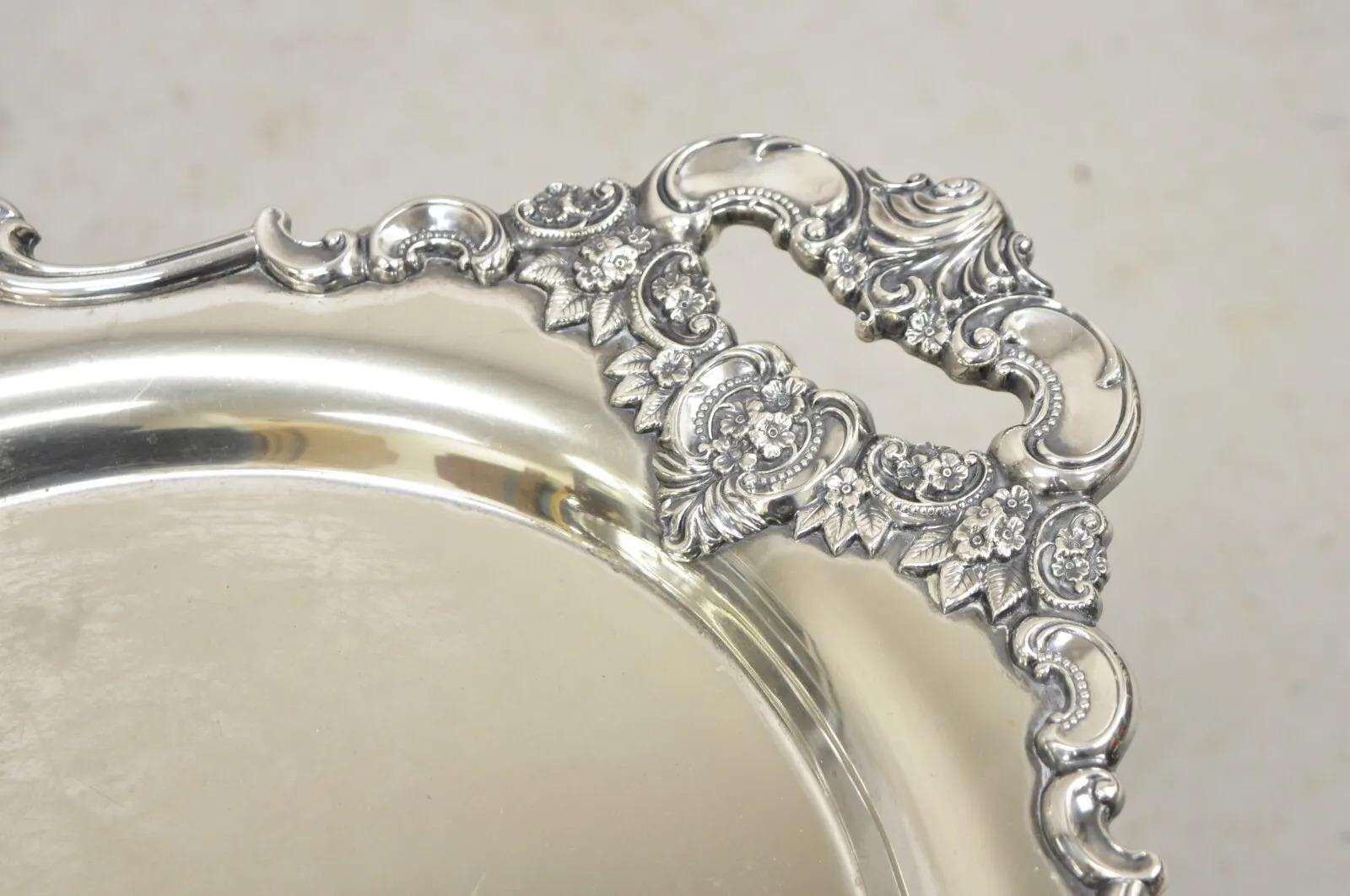 Vintage Miyata English Victorian Silver Plated Oval Floral Repousse Platter Tray In Good Condition For Sale In Philadelphia, PA