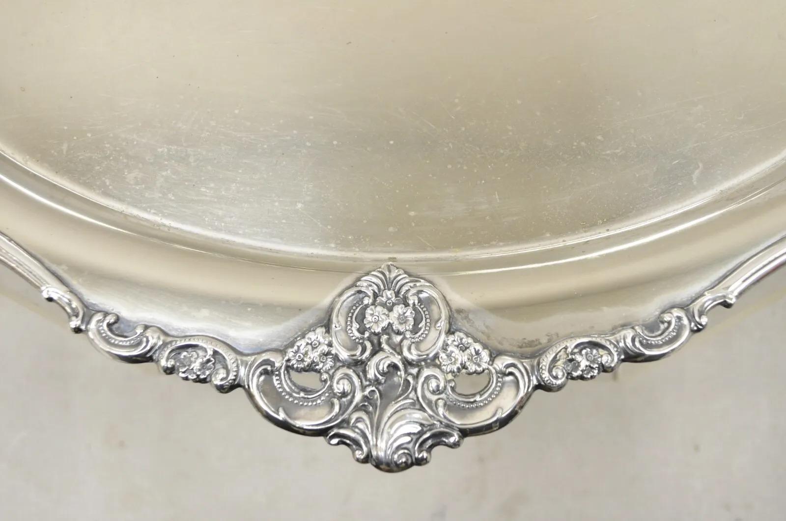 20th Century Vintage Miyata English Victorian Silver Plated Oval Floral Repousse Platter Tray For Sale