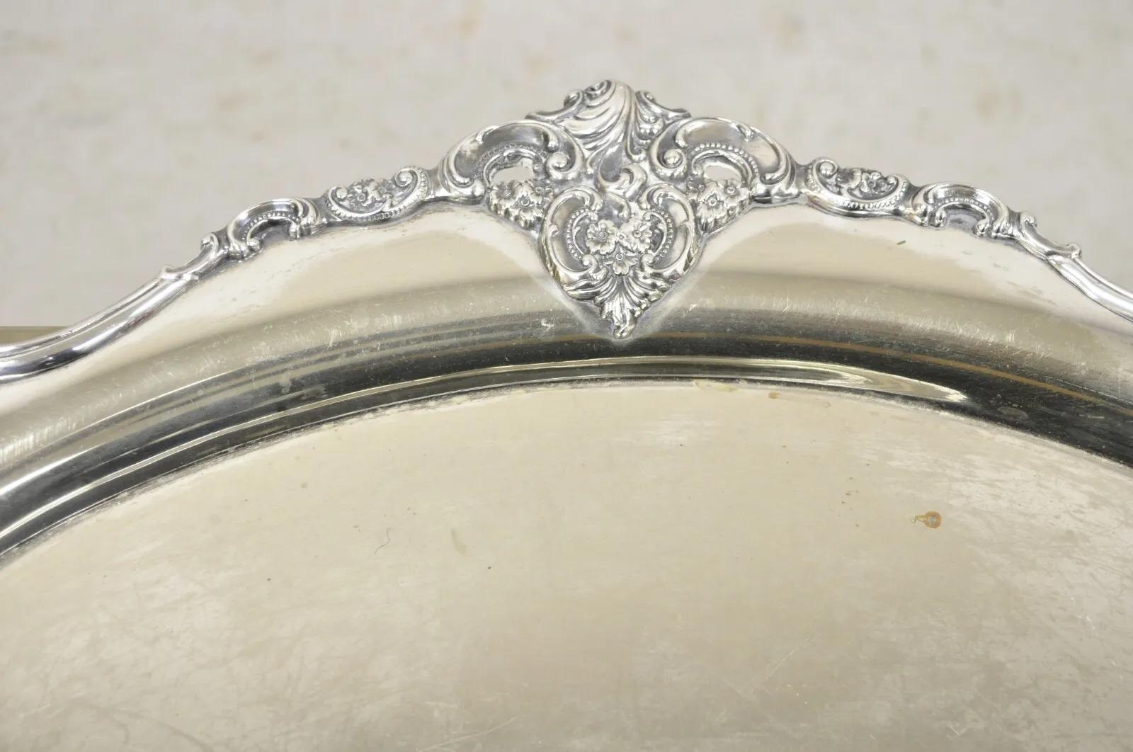 Vintage Miyata English Victorian Silver Plated Oval Floral Repousse Platter Tray For Sale 2
