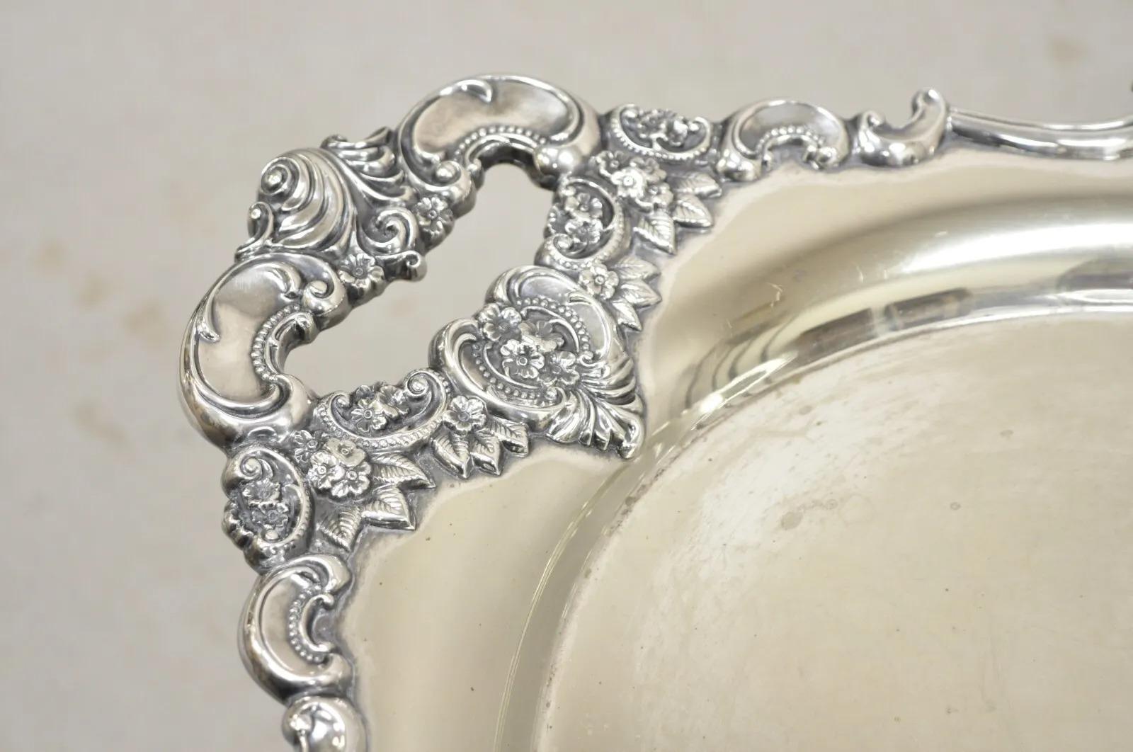 Vintage Miyata English Victorian Silver Plated Oval Floral Repousse Platter Tray For Sale 4