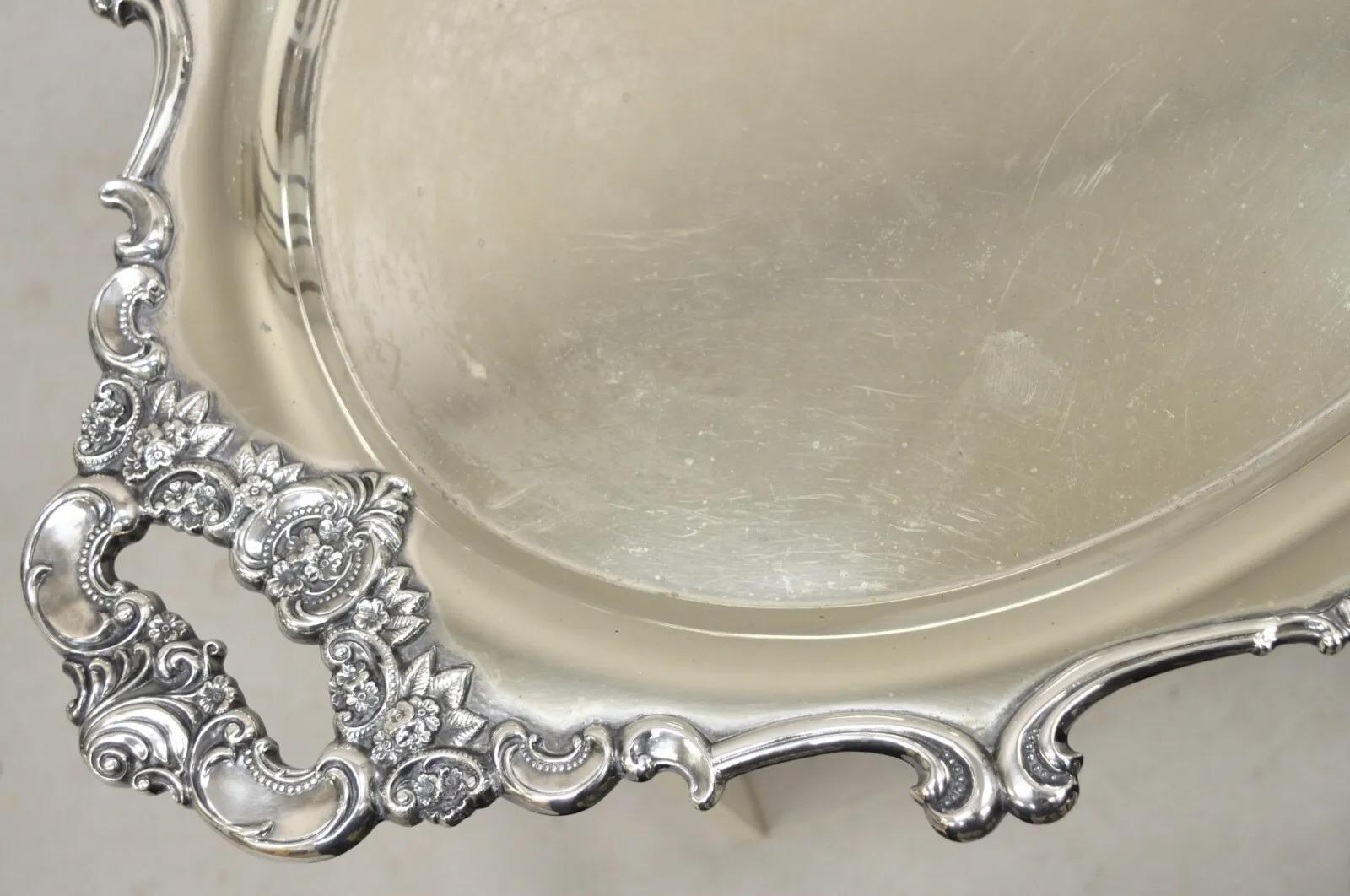 Vintage Miyata English Victorian Silver Plated Oval Floral Repousse Platter Tray For Sale 5