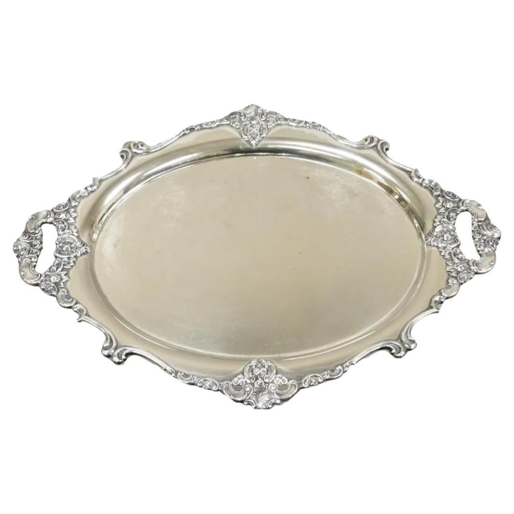 Vintage Miyata English Victorian Silver Plated Oval Floral Repousse Platter Tray For Sale