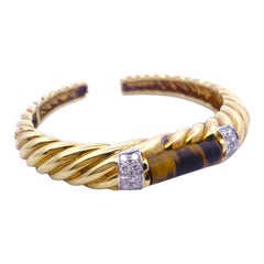 Vintage MJI 18K Tiger Eye Diamond Hinged Bangle Bracelet
