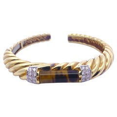 Vintage MJI 18K Tiger Eye Diamond Hinged Bangle Bracelet