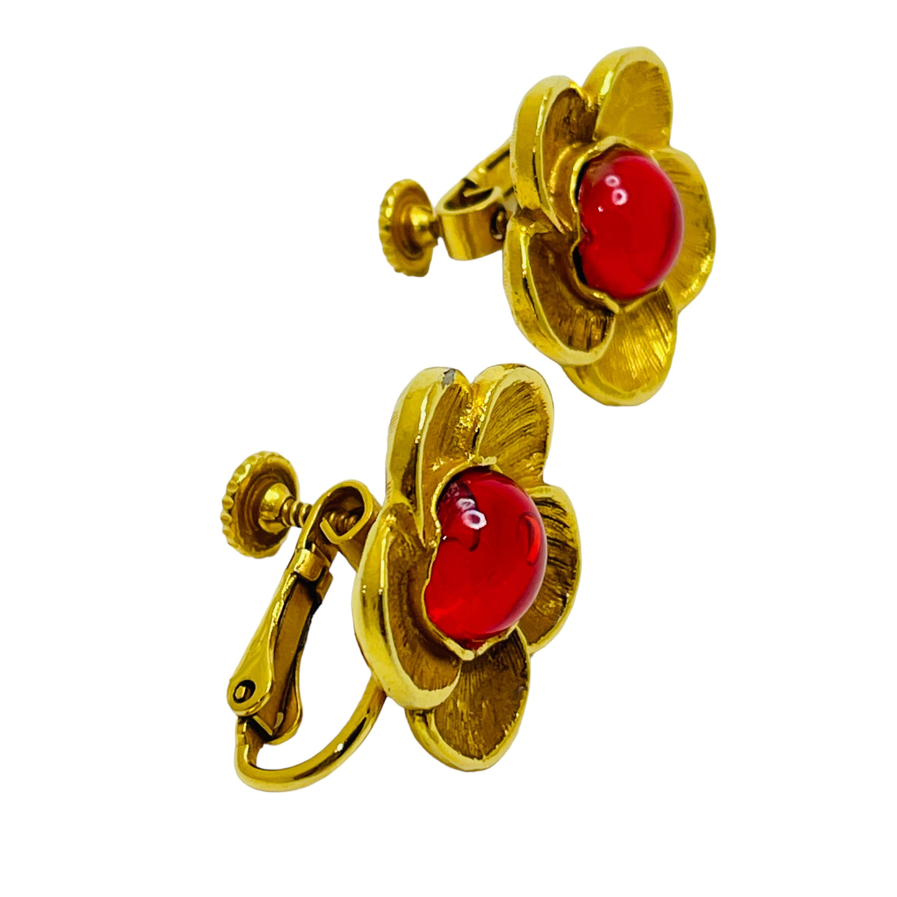 Women's or Men's Vintage MMA signed gold red glass flower designer runway clip on earrings For Sale