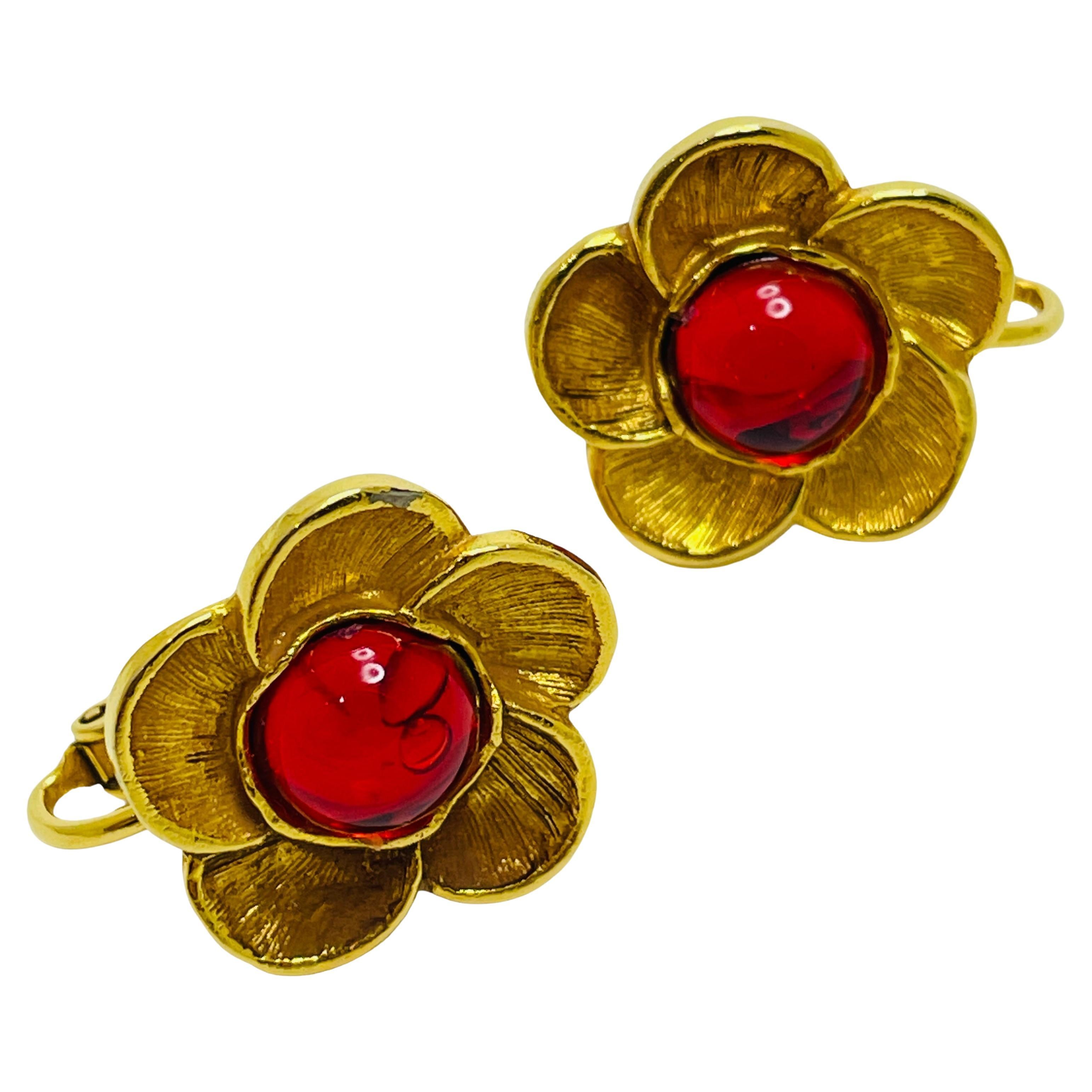 Vintage MMA signed gold red glass flower designer runway clip on earrings For Sale