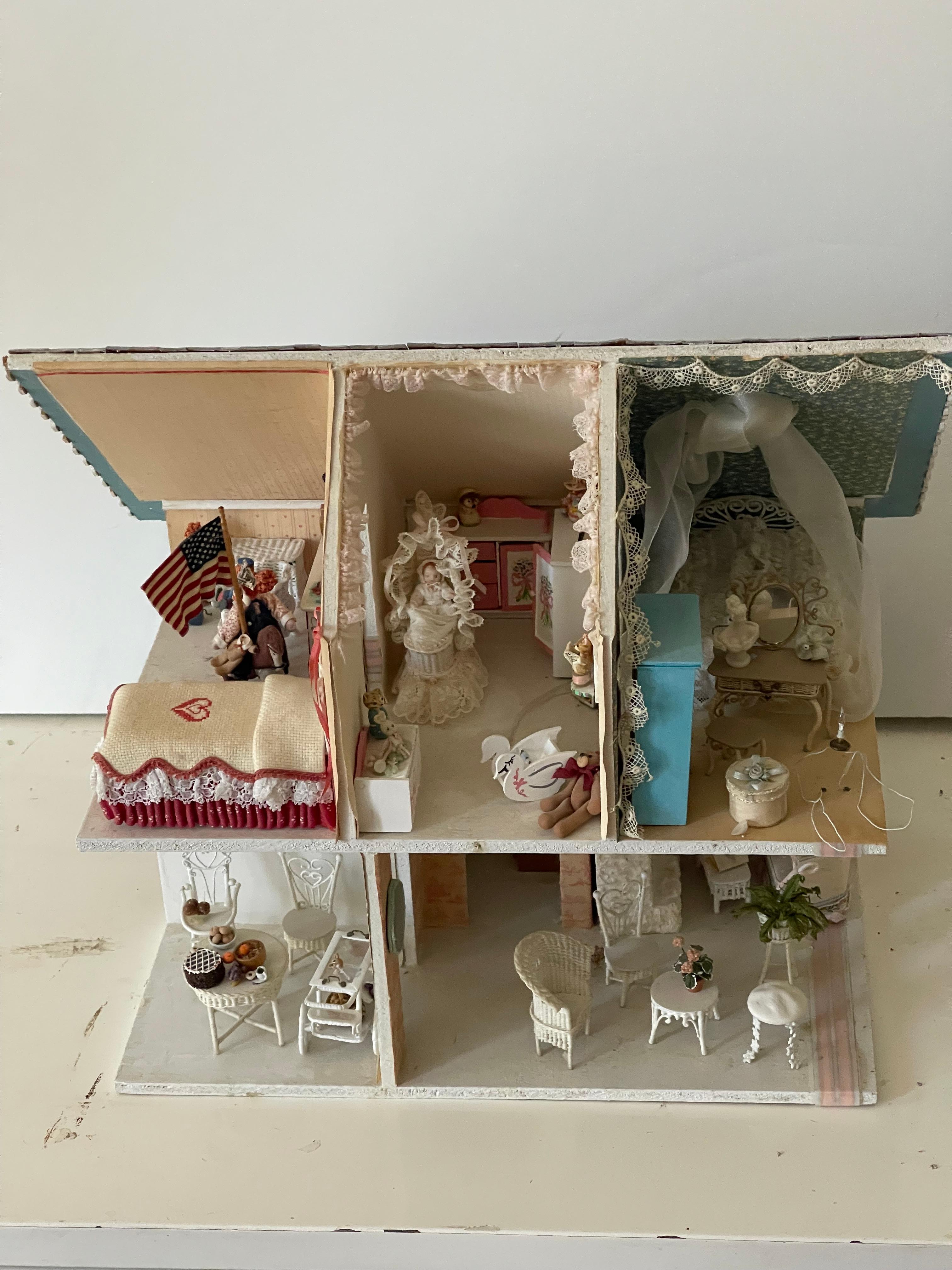 Vintage Mniature Dollhouse Blue Cottage Fully Furnished For Sale 3