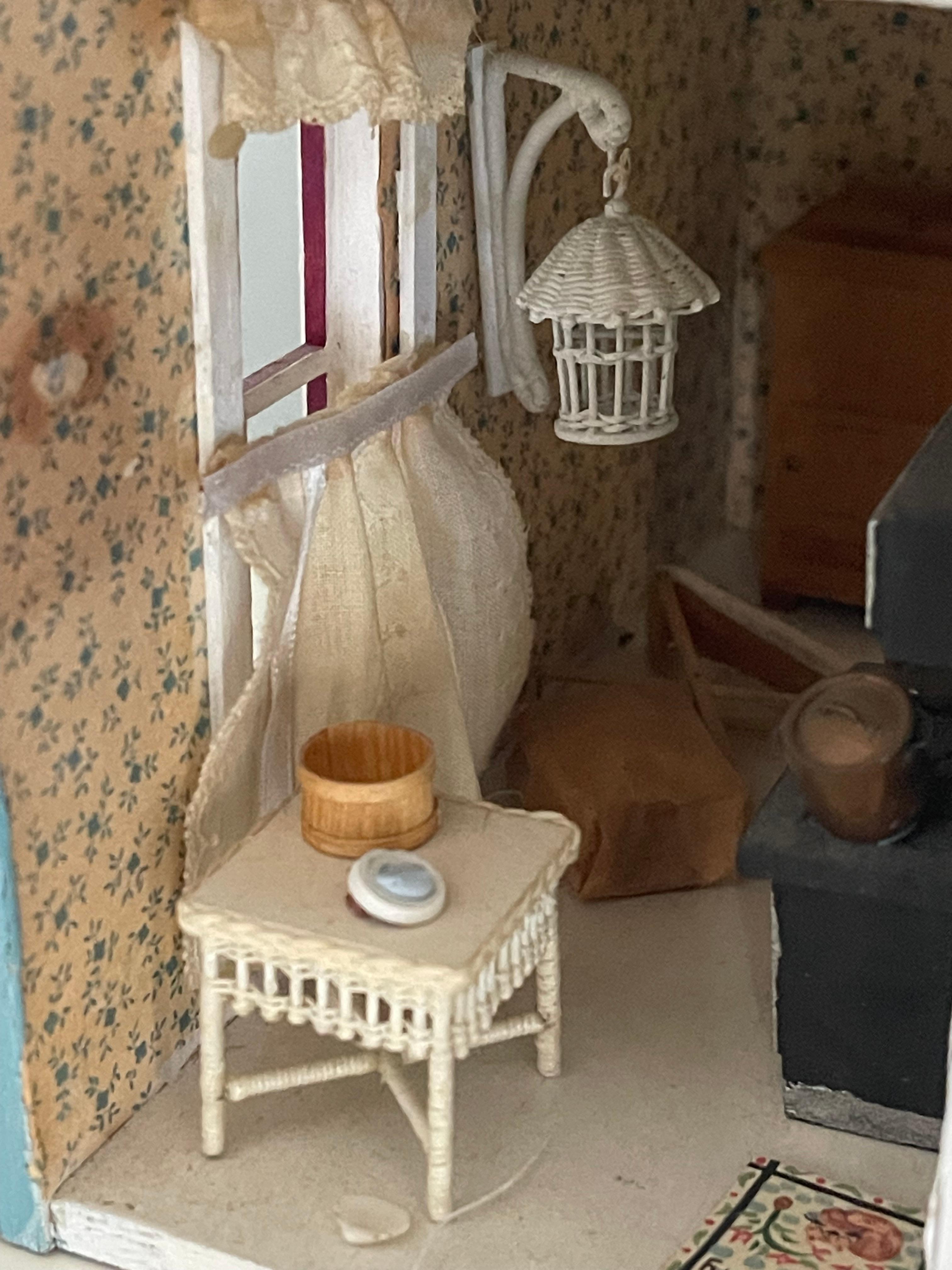 Vintage Mniature Dollhouse Blue Cottage Fully Furnished For Sale 12