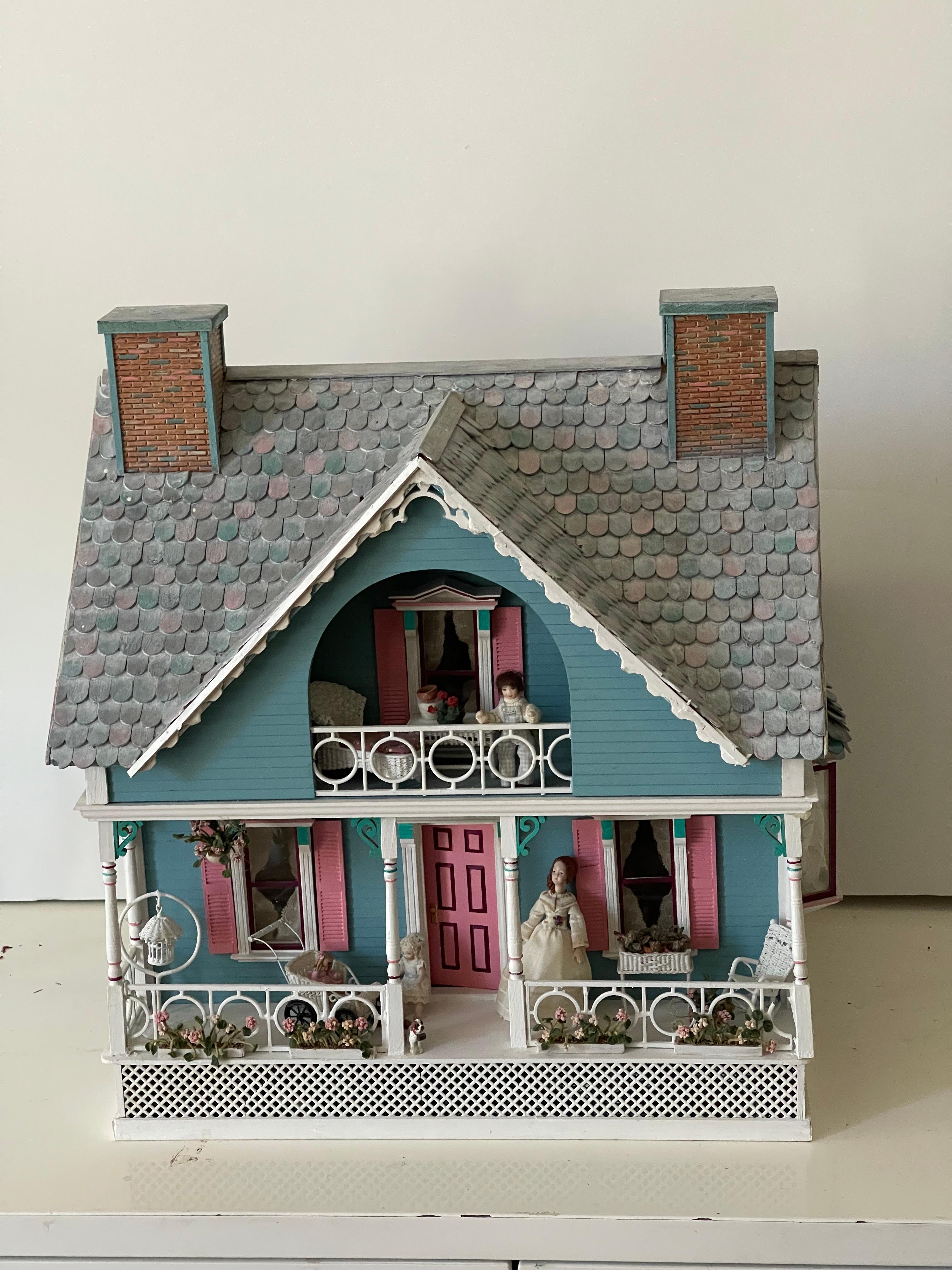 Vintage handmade blue cottage miniature dollhouse , fully decorated and with lights.