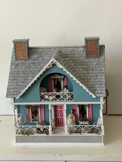 Vintage Handmade Blue Cottage Dollhouse, Wood, 1950 American Style