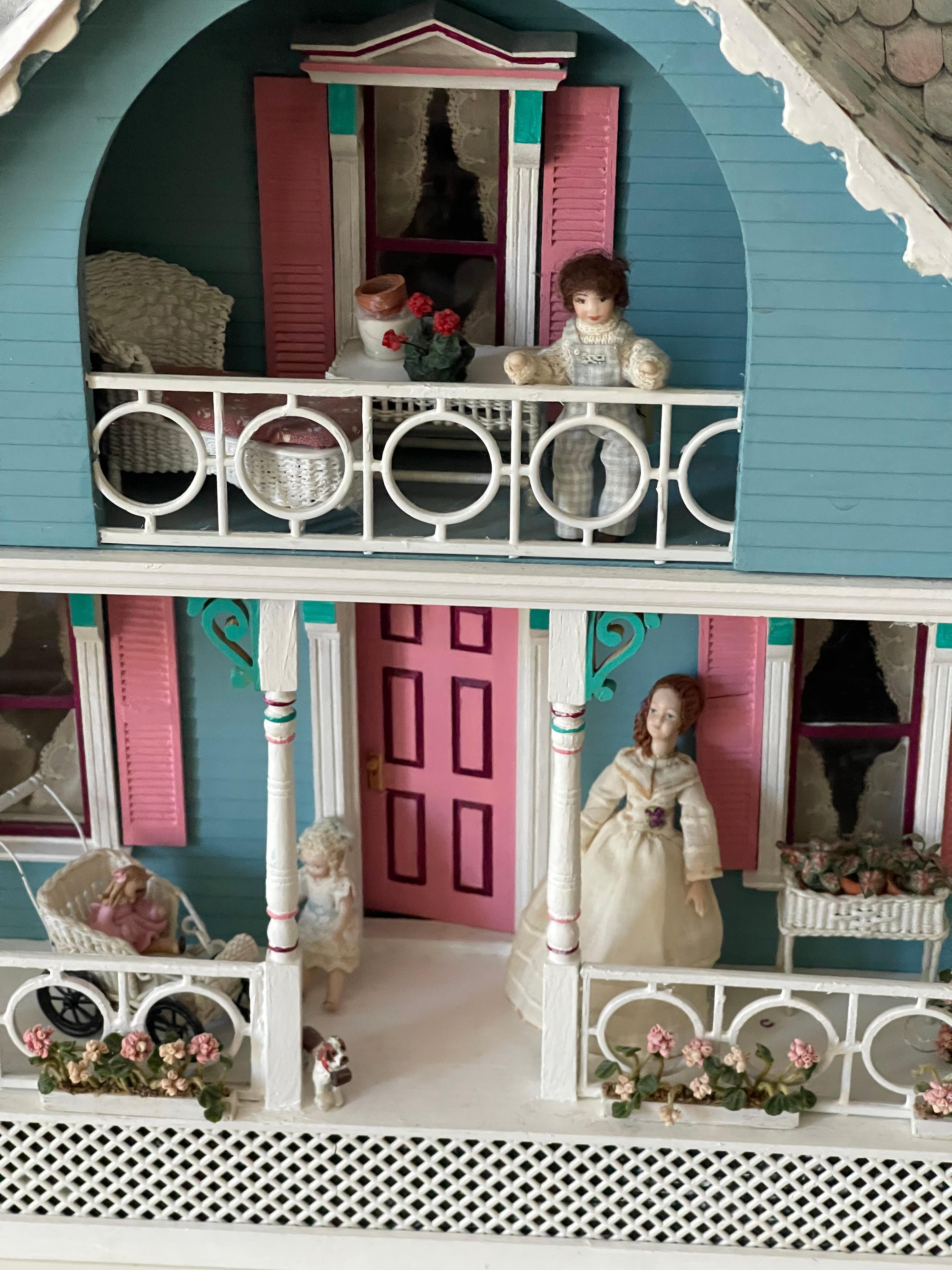 American Classical Vintage Mniature Dollhouse Blue Cottage Fully Furnished For Sale
