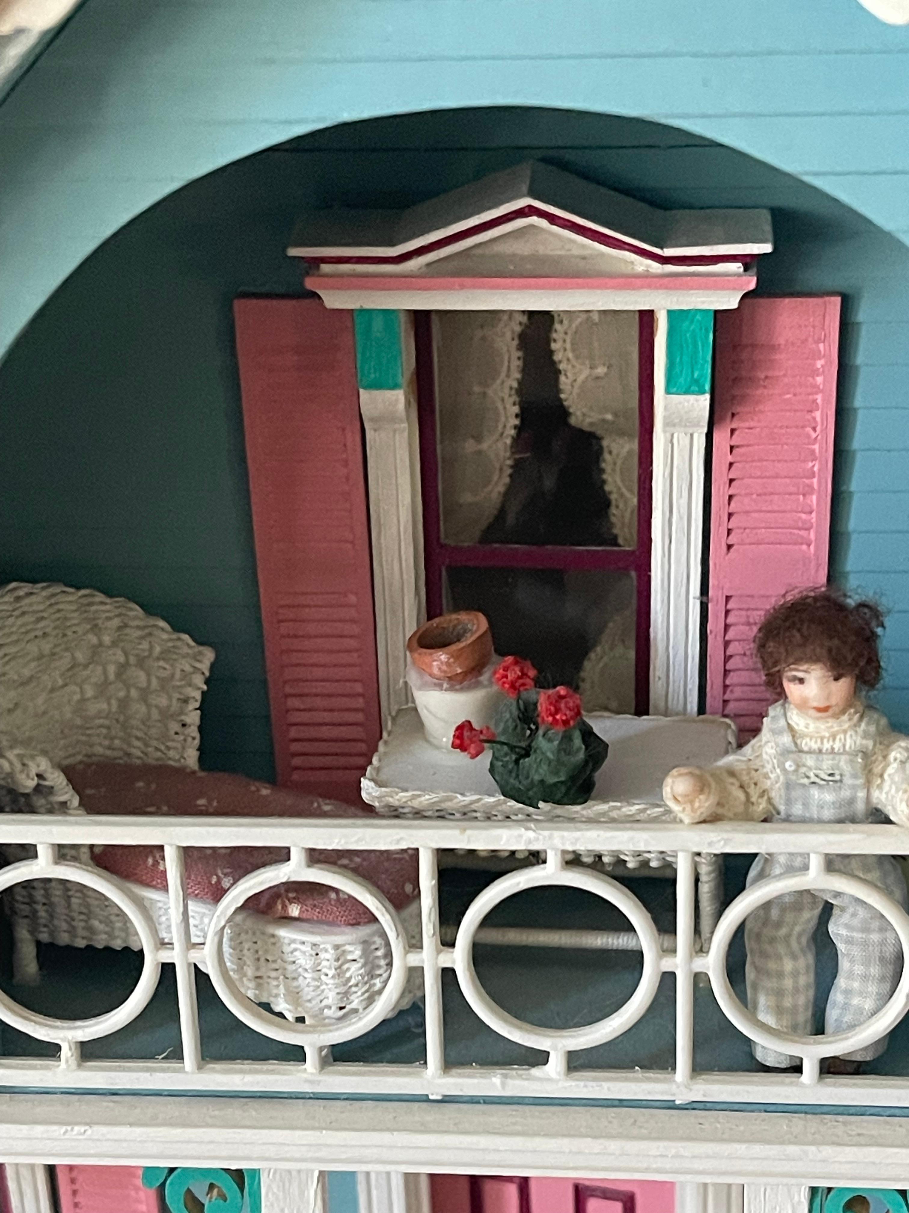 American Vintage Mniature Dollhouse Blue Cottage Fully Furnished For Sale