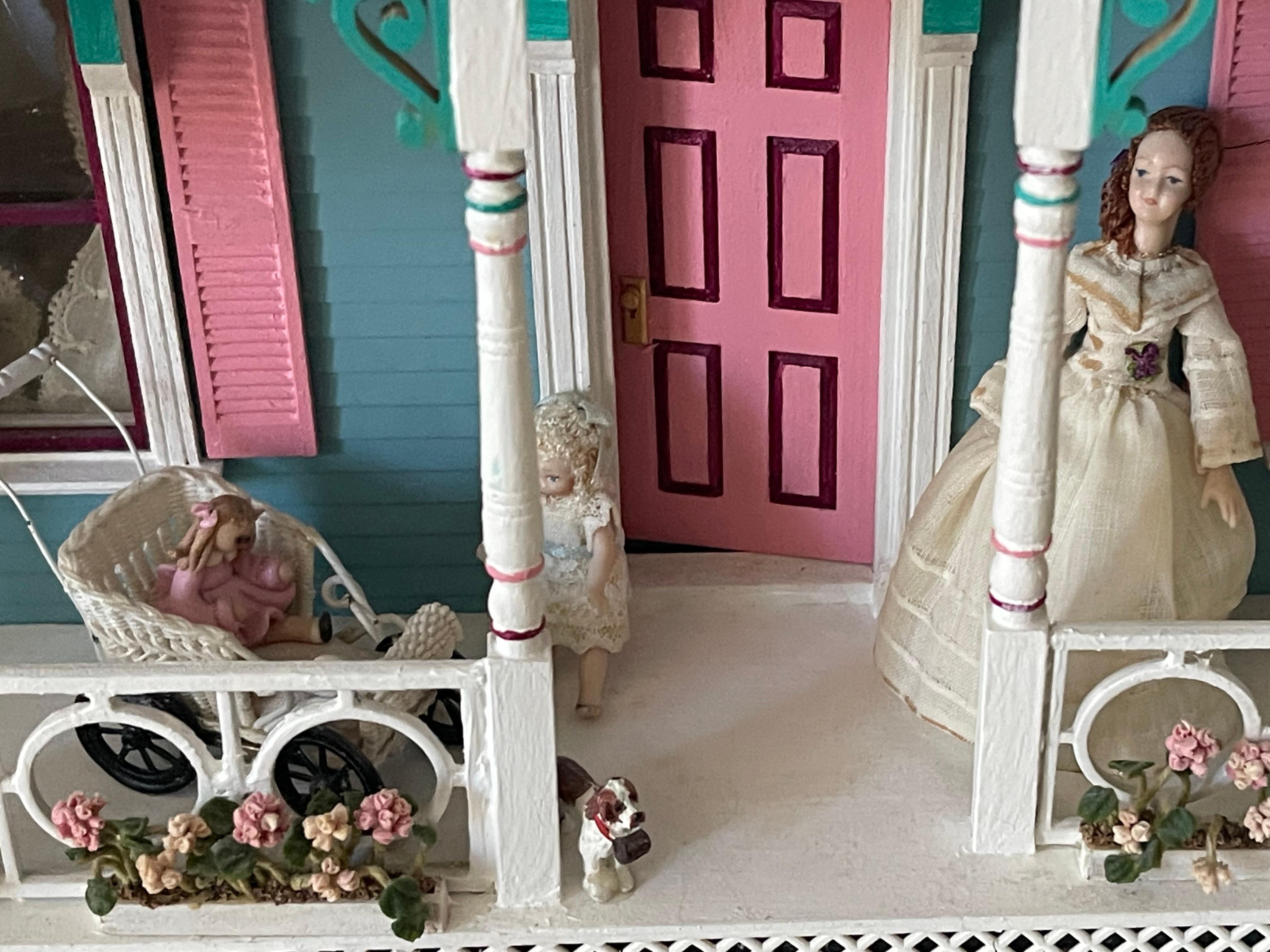 Vintage Mniature Dollhouse Blue Cottage Fully Furnished In Good Condition For Sale In Boca Raton, FL