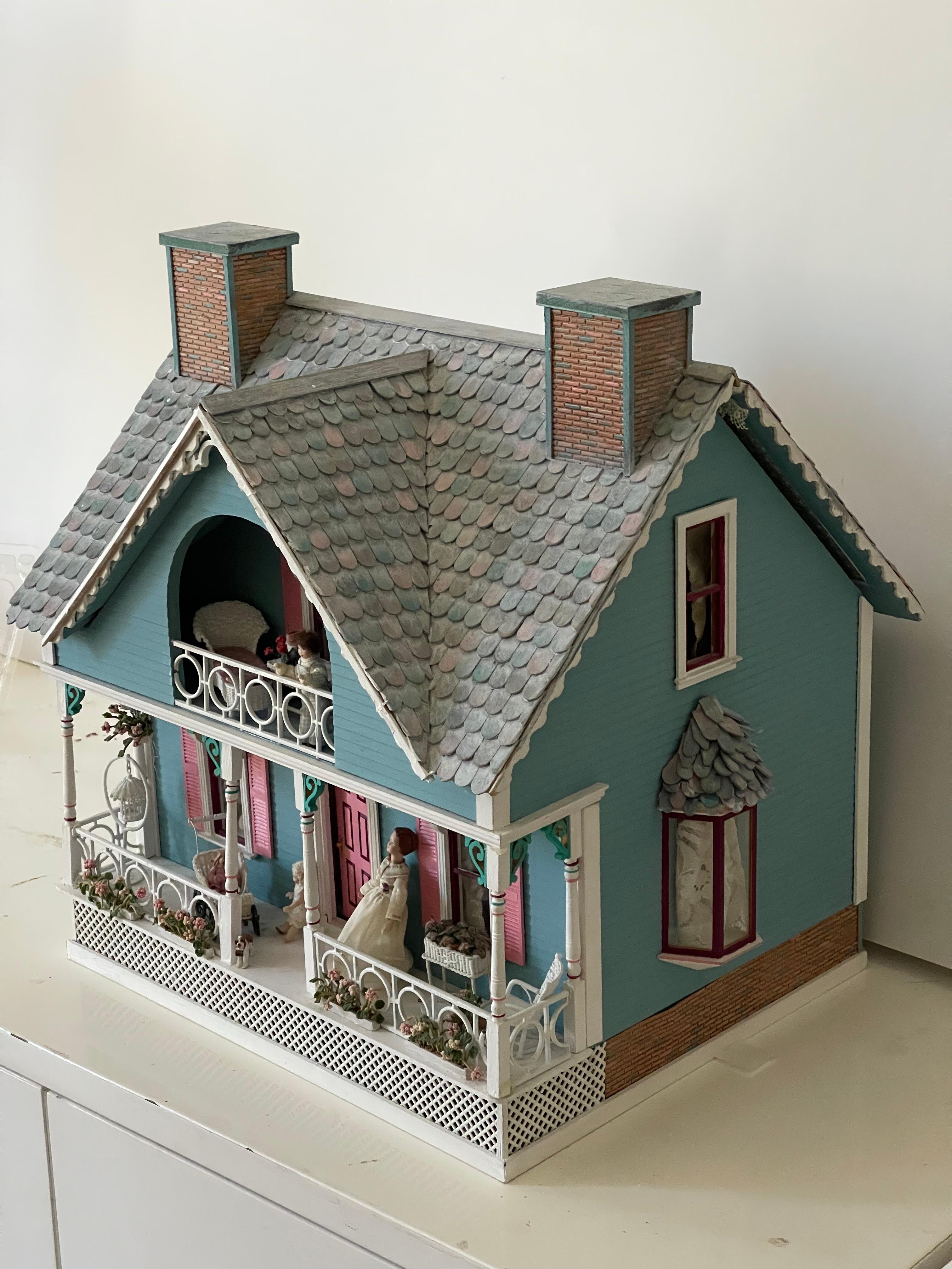 Mid-20th Century Vintage Mniature Dollhouse Blue Cottage Fully Furnished For Sale