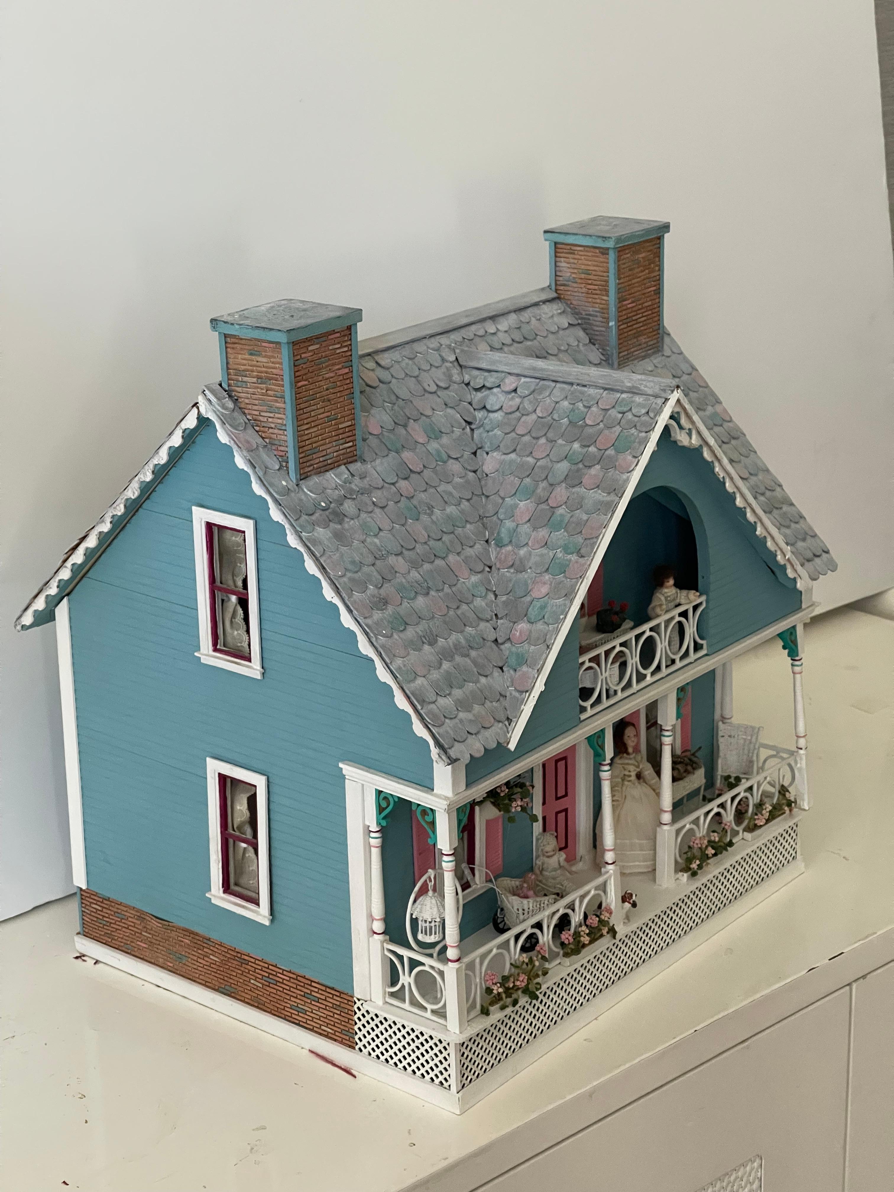 Wood Vintage Mniature Dollhouse Blue Cottage Fully Furnished For Sale