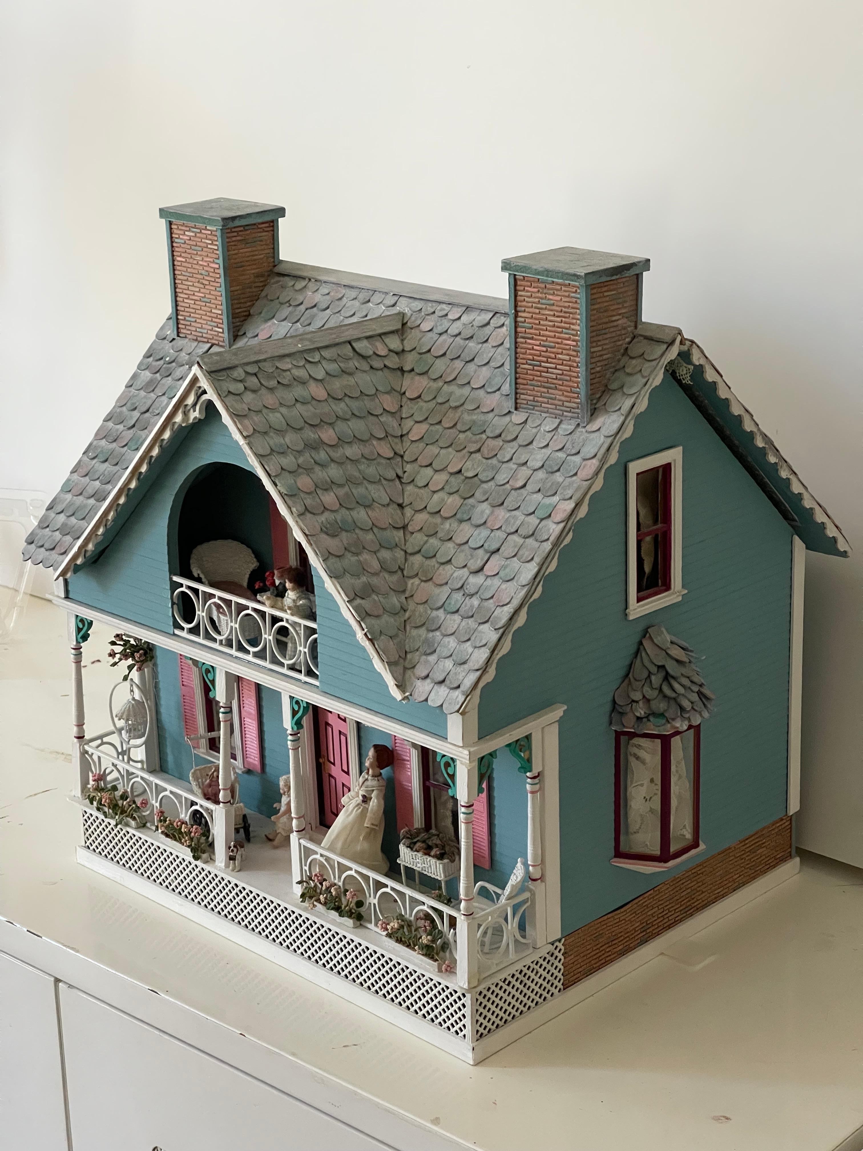 Vintage Mniature Dollhouse Blue Cottage Fully Furnished For Sale 1