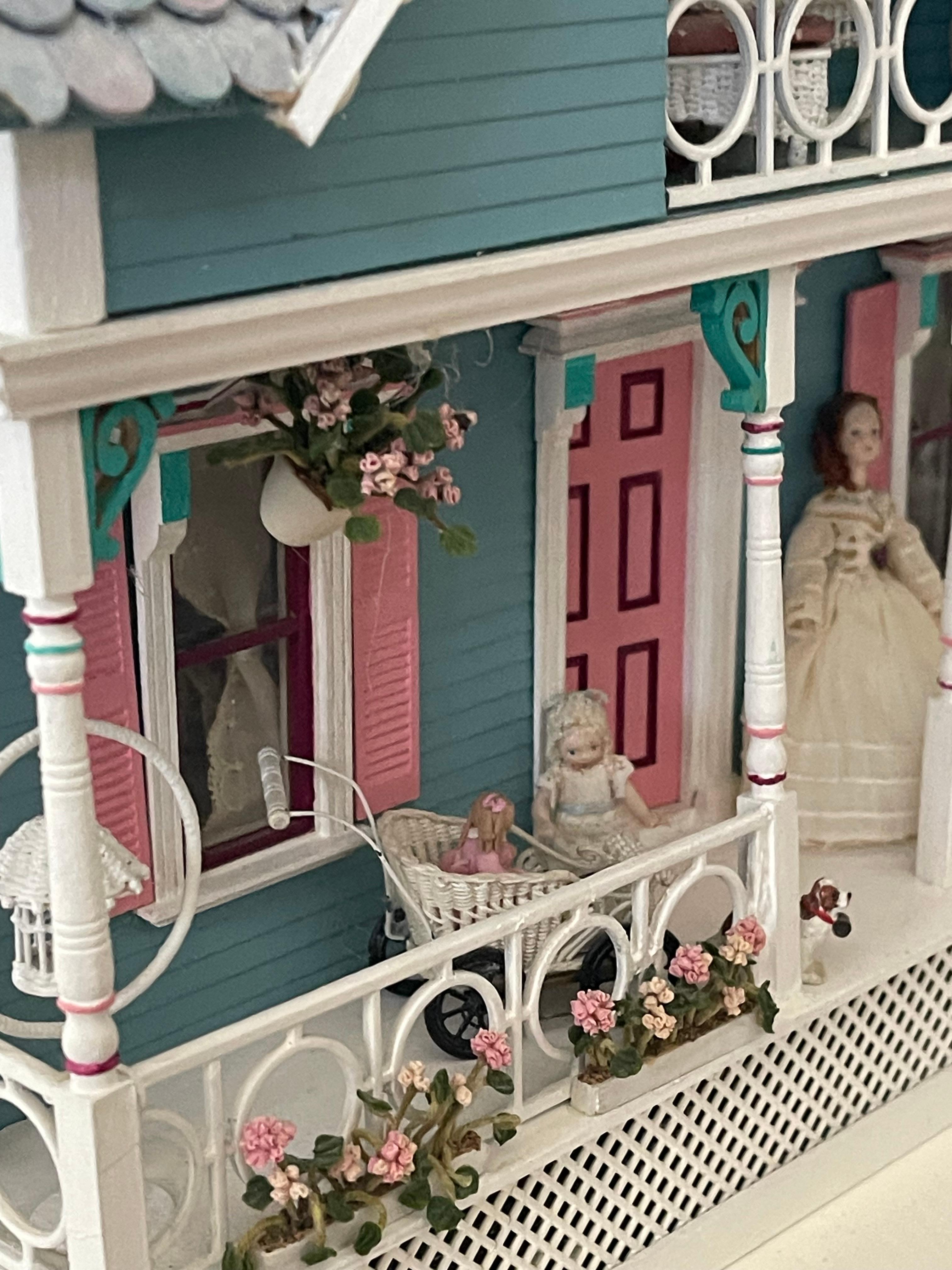 Vintage Mniature Dollhouse Blue Cottage Fully Furnished For Sale 2