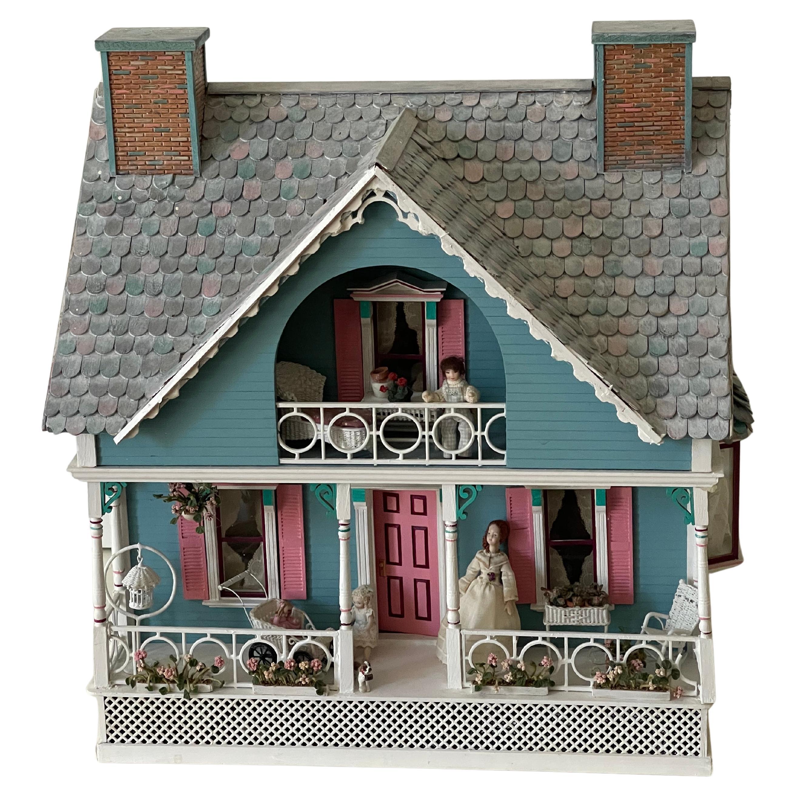 Vintage Mniature Dollhouse Blue Cottage Fully Furnished