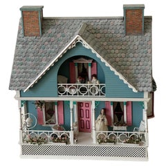 Vintage Mniature Dollhouse Blue Cottage Fully Furnished