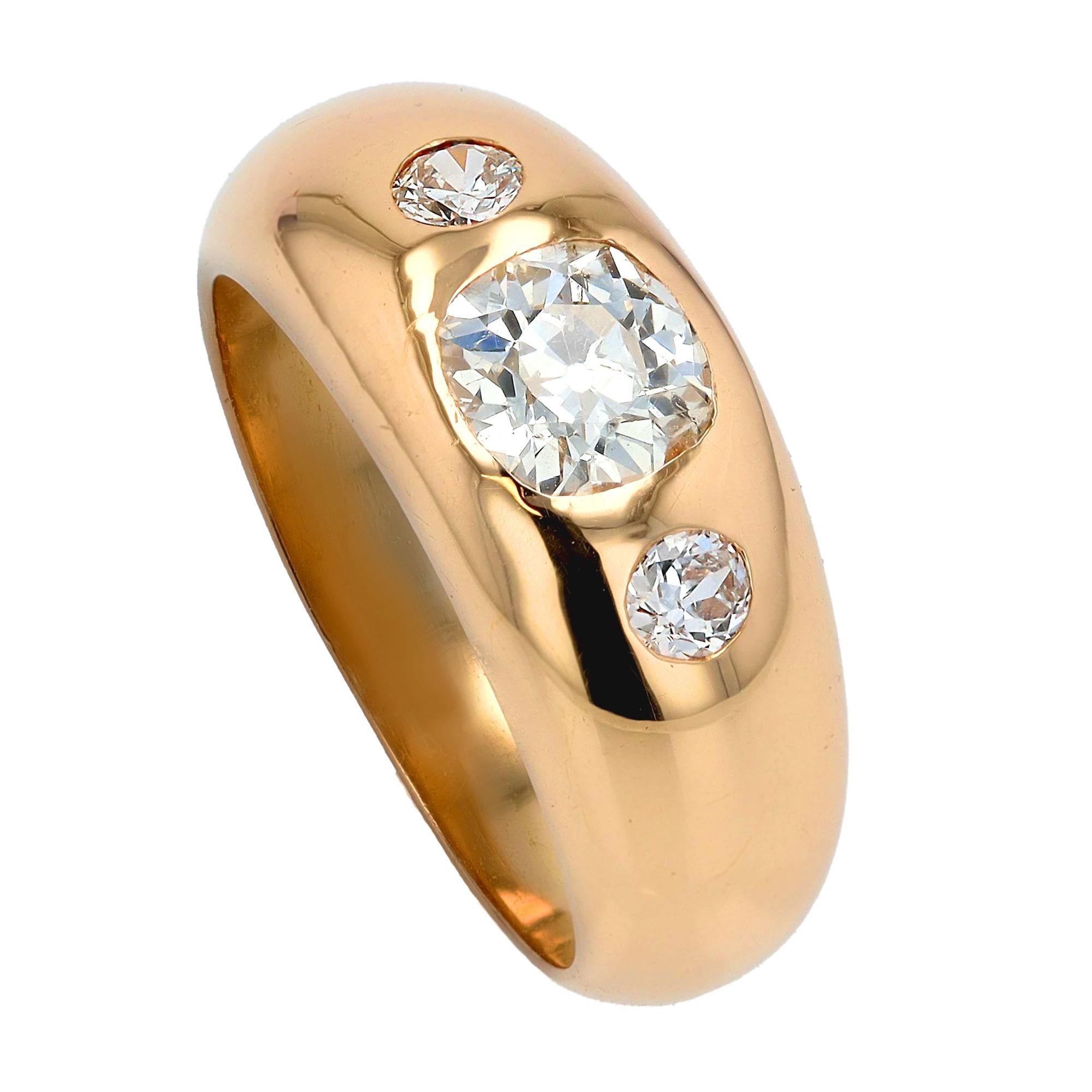 Retro Vintage Mobster Style 1 Carat Old Mine Cut Diamond 3 Stone Gypsy Ring