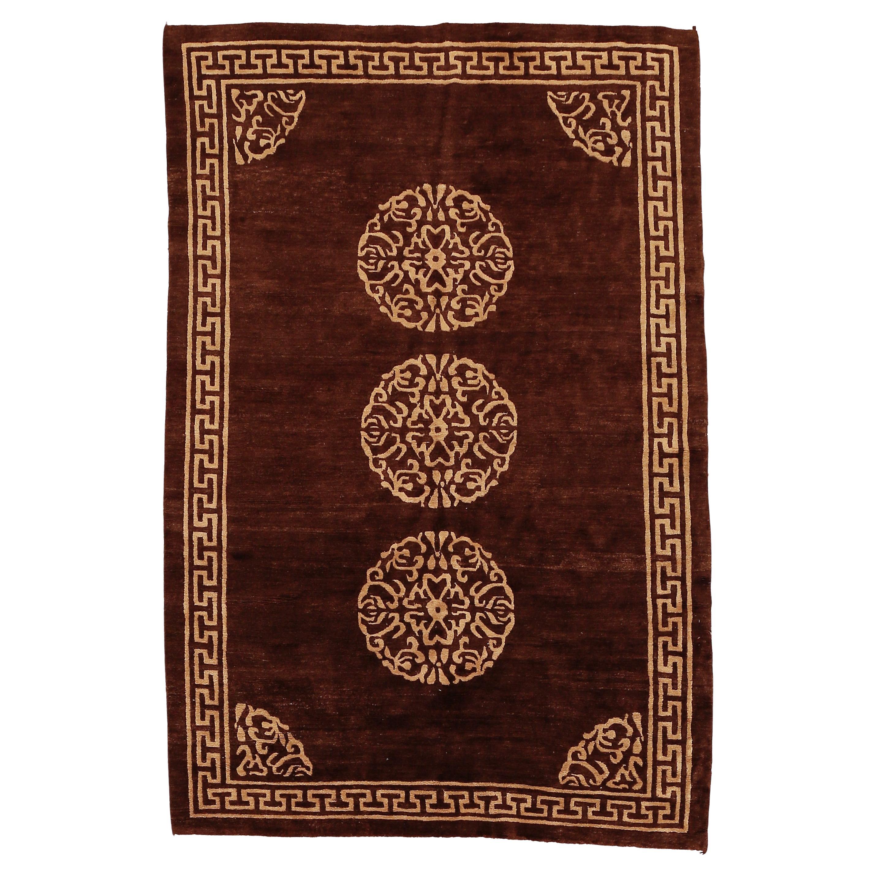 Vintage Mocha Brown Tibetan Rug with Brocade Pattern 6 x 9 For Sale