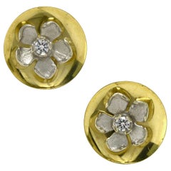 Vintage Mod 1960s Flower Power Earrings Stud Diamonds Discs 2-Tone 18 Karat Gold