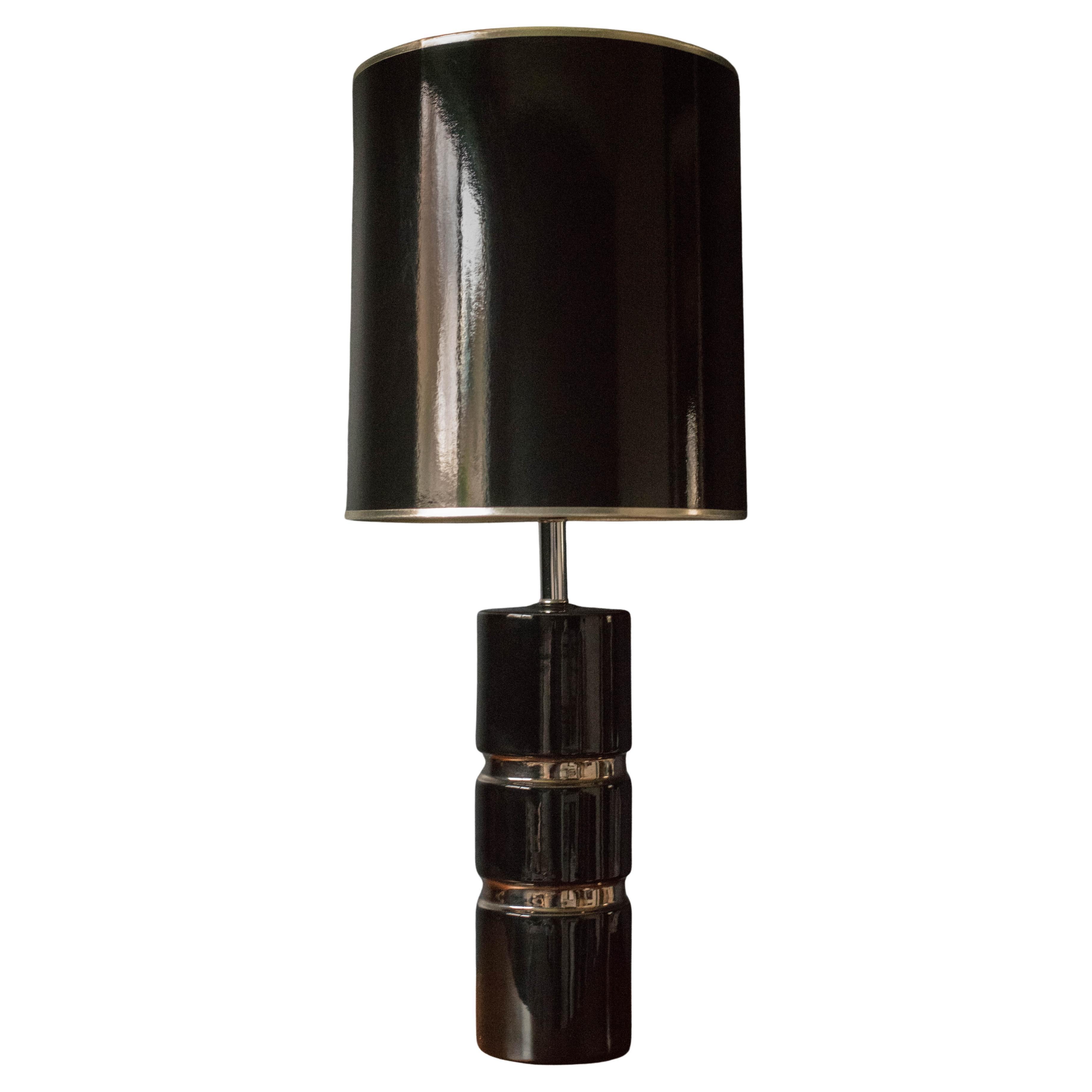 Vintage Mod Cylindrical Chrome and Black Ceramic Stacked Accent Table Lamp