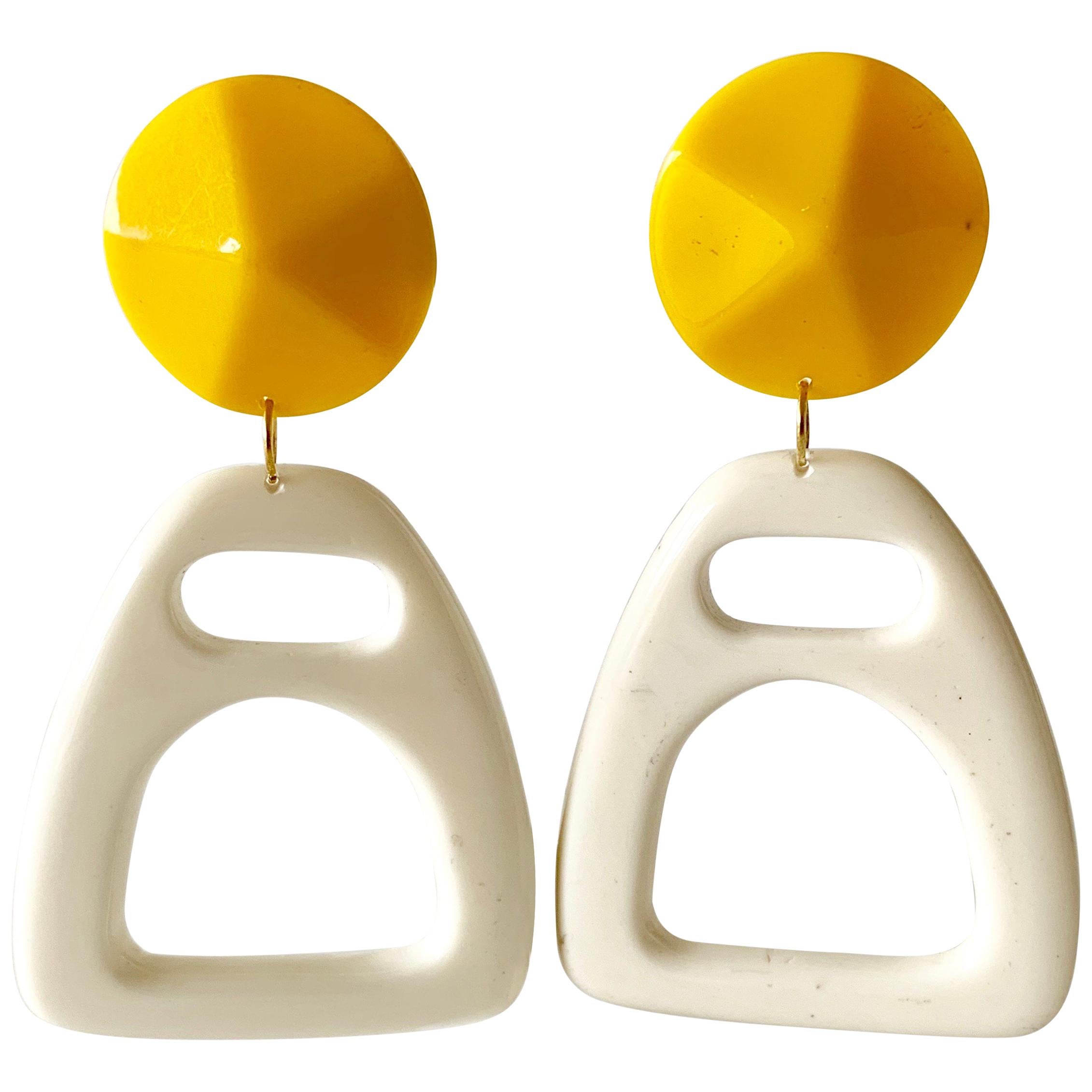 Vintage Mod Oversized Yellow and White Statement Earrings 