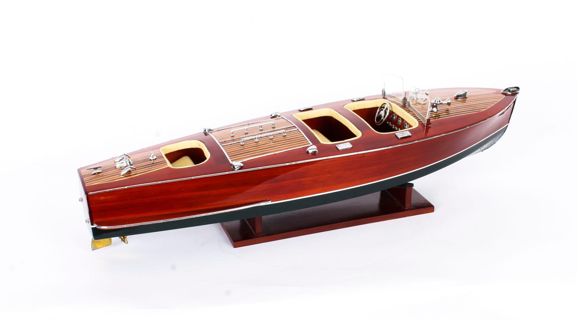 This is an exceptional hand built model of the “Riva Rivarama”, a luxury wooden launch built by the Italian yacht builder Riva, dating from the late 20th century.

This impressive speedboat is built to scale and mirrors the original model which