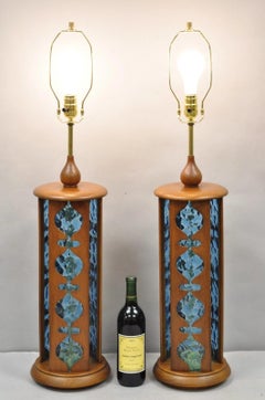 Vintage Modeline Mid Century Modern Walnut & Blue Stained Glass Table Lamps Pair