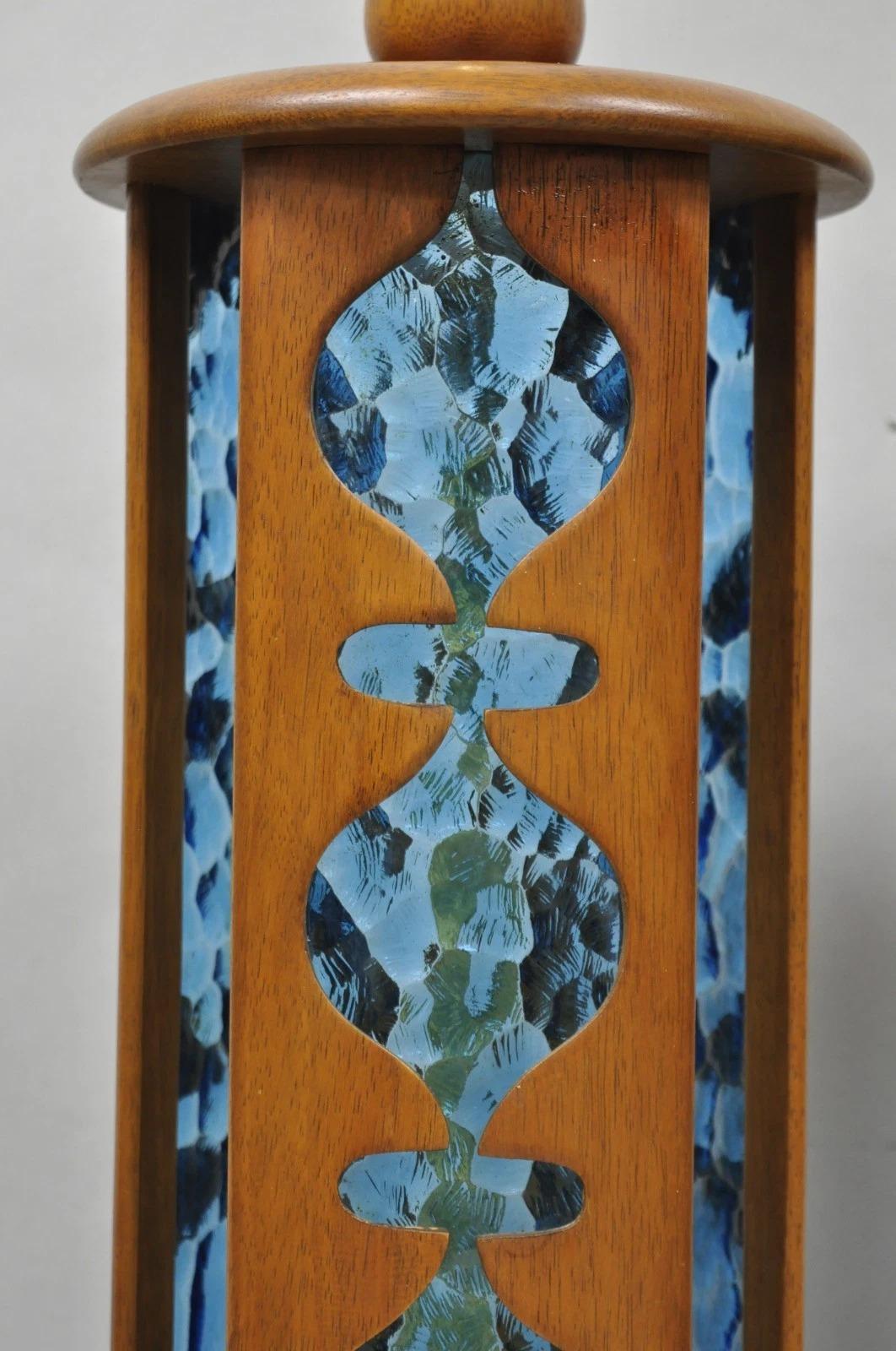 Vintage Modeline Mid Century Modern Walnut & Blue Stained Glass Table Lamps Pair In Good Condition For Sale In Philadelphia, PA