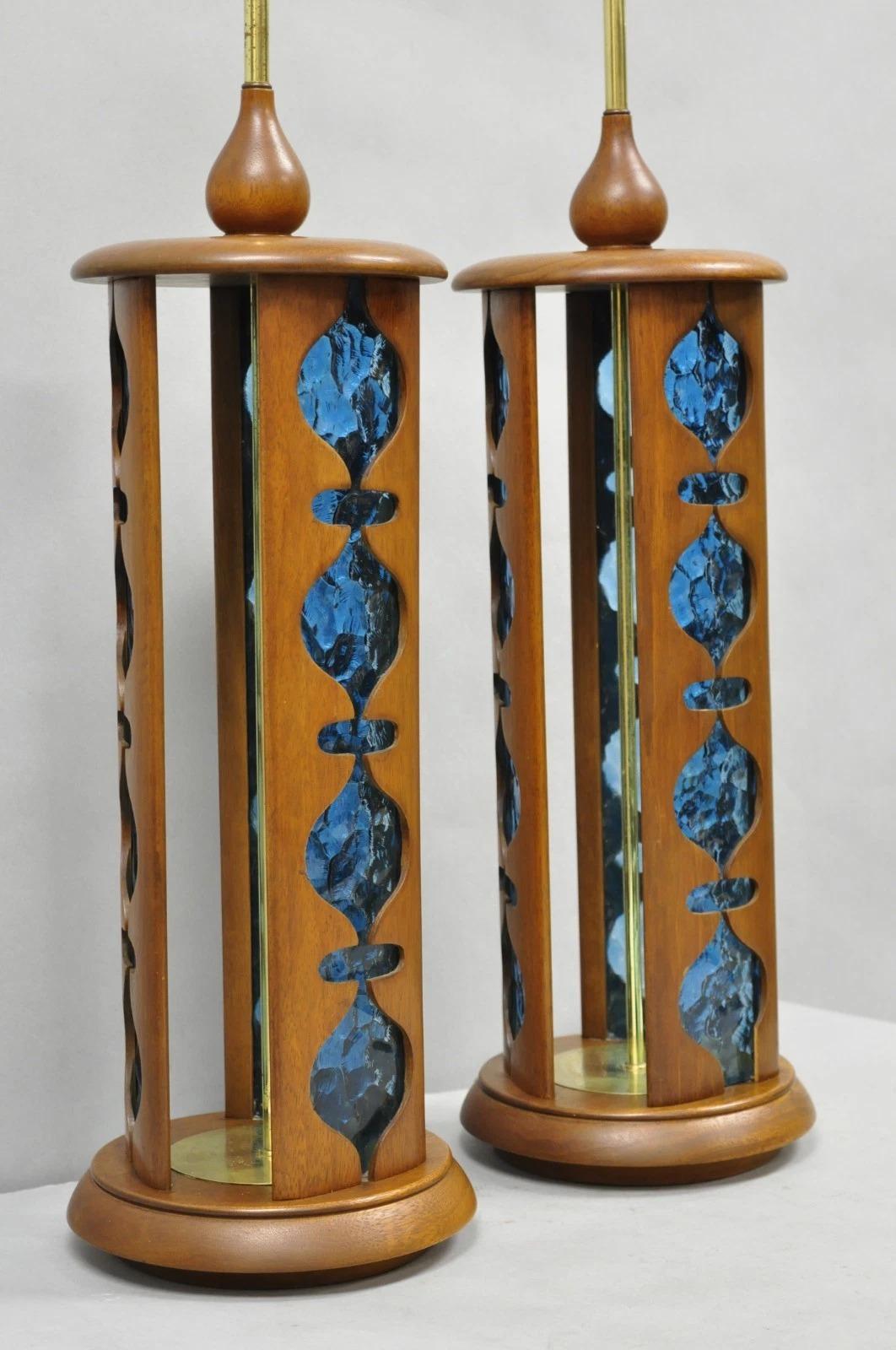 Brass Vintage Modeline Mid Century Modern Walnut & Blue Stained Glass Table Lamps Pair For Sale