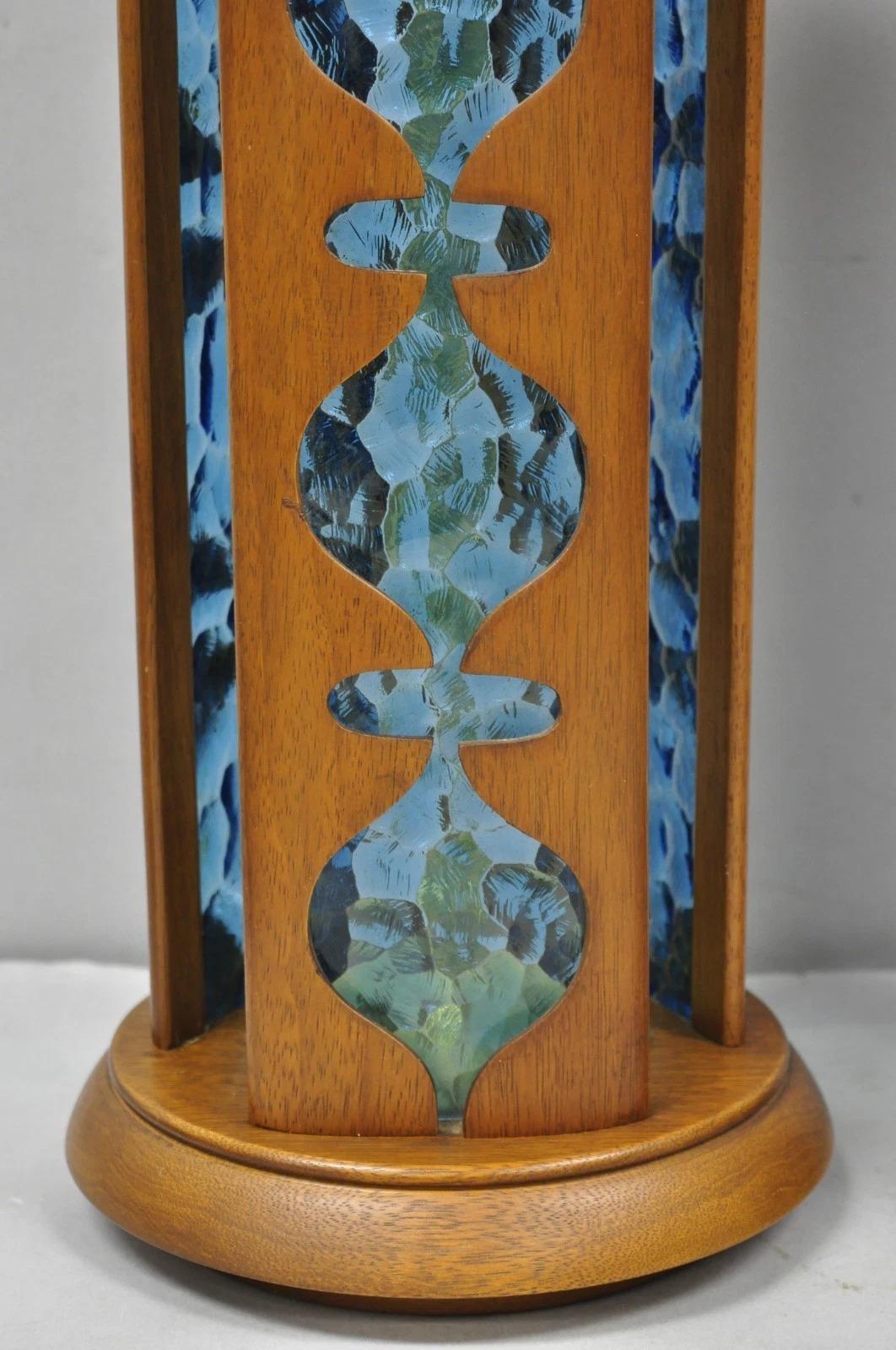 Vintage Modeline Mid Century Modern Walnut & Blue Stained Glass Table Lamps Pair For Sale 1
