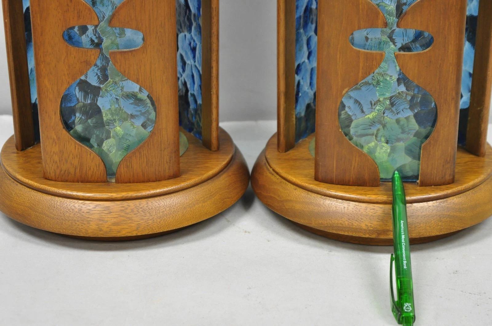 Vintage Modeline Mid Century Modern Walnut & Blue Stained Glass Table Lamps Pair For Sale 2