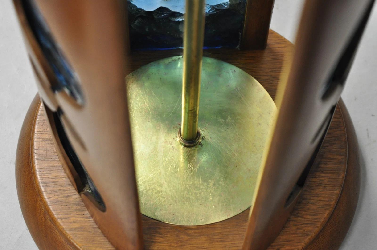 Vintage Modeline Mid Century Modern Walnut & Blue Stained Glass Table Lamps Pair For Sale 3