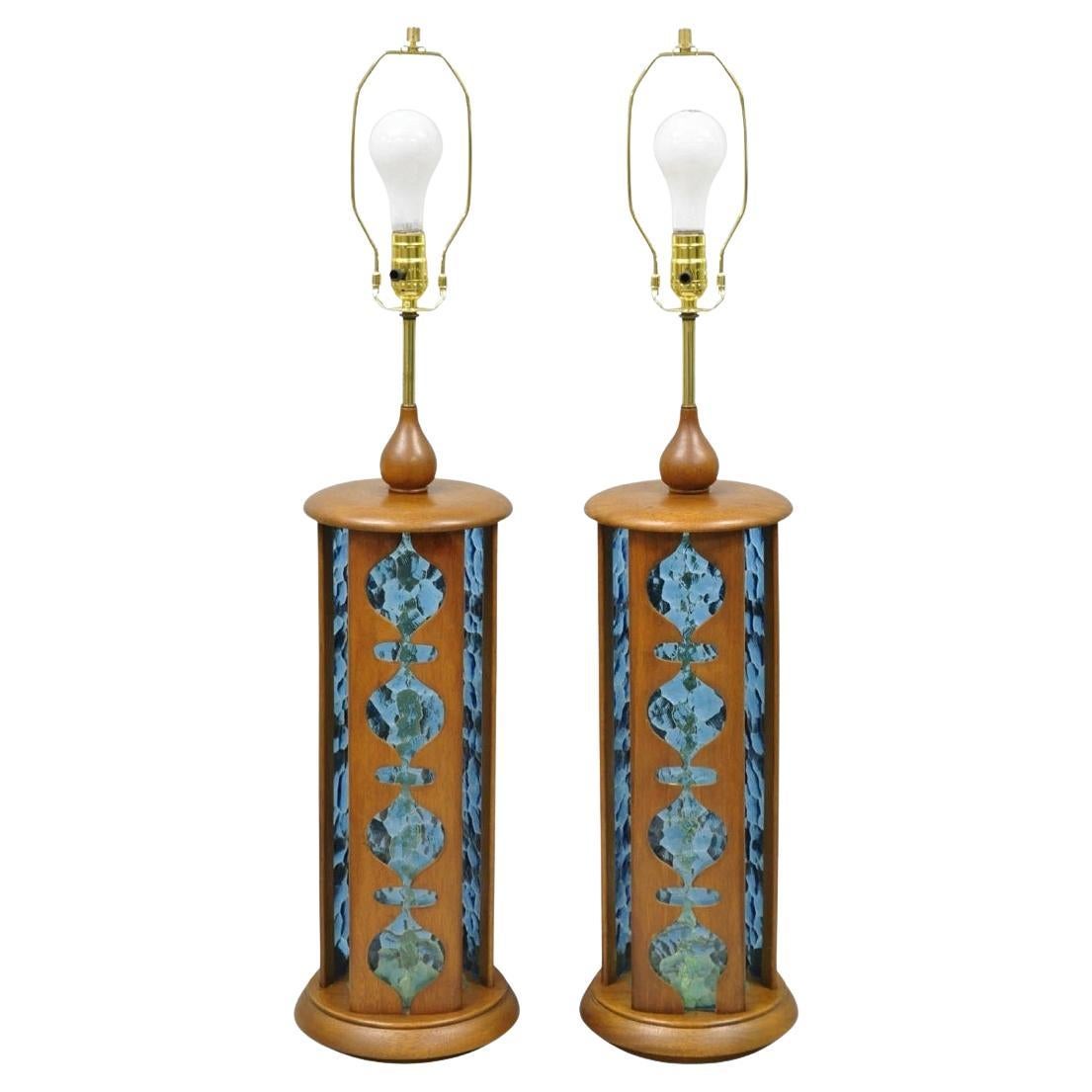 Vintage Modeline Mid Century Modern Walnut & Blue Stained Glass Table Lamps Pair For Sale