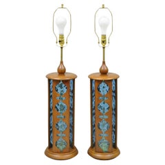 Vintage Modeline Mid Century Modern Walnut & Blue Stained Glass Table Lamps Pair