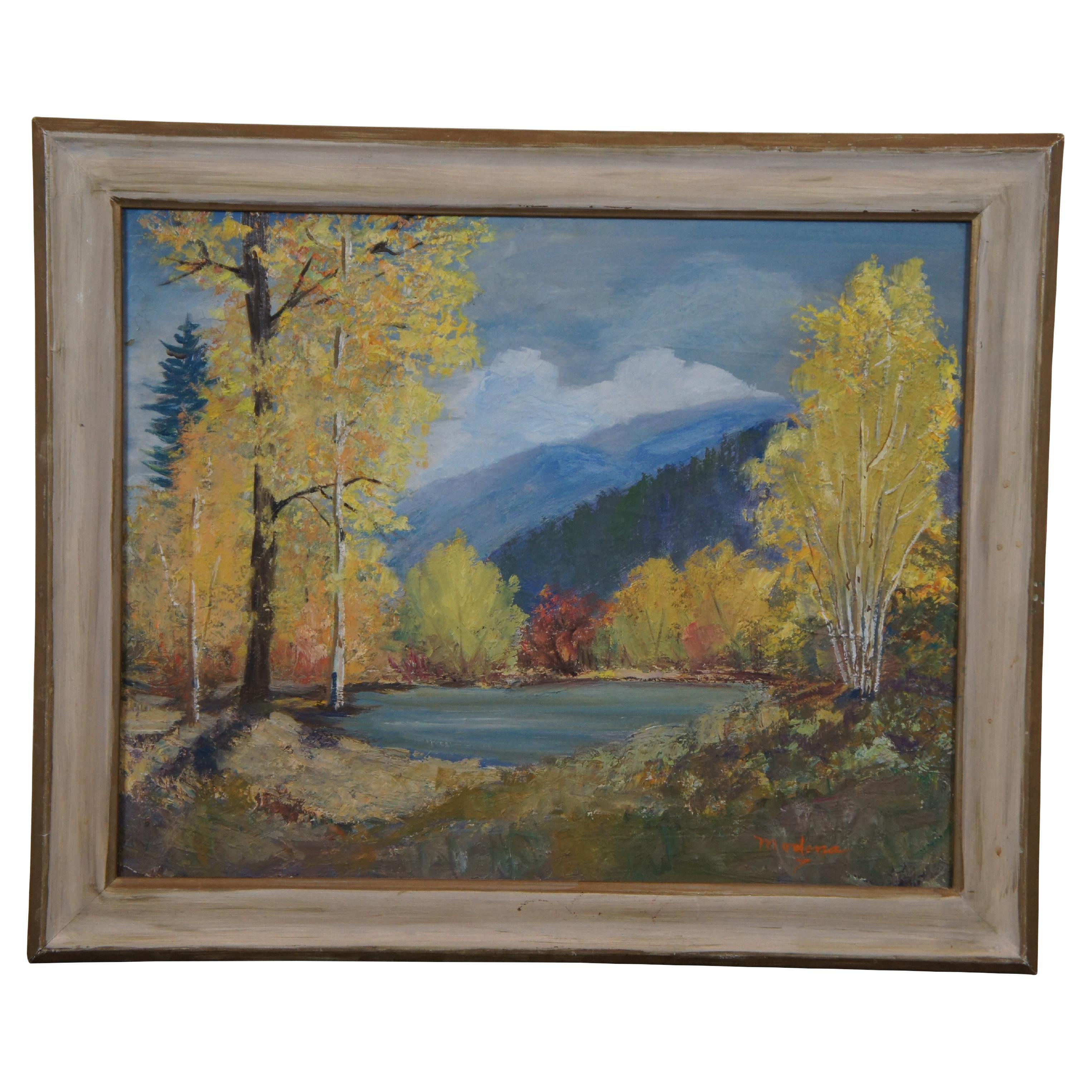 Vintage Modena Mountain Lake Trees Autumn Landscape Oil Painting